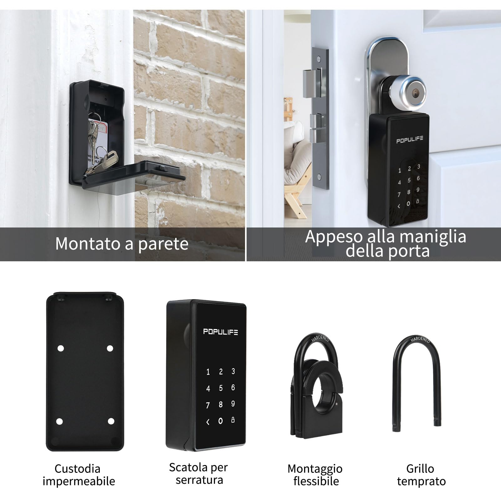 【Versione Aggiornata】Populife Smart Key Box, Elettronica Bluetooth Cassetta Chiavi con Codice, Cassetta Sicurezza Chiavi Fili per Casa, Ufficio & Affitti Immobiliari, IP66 Impermeabile