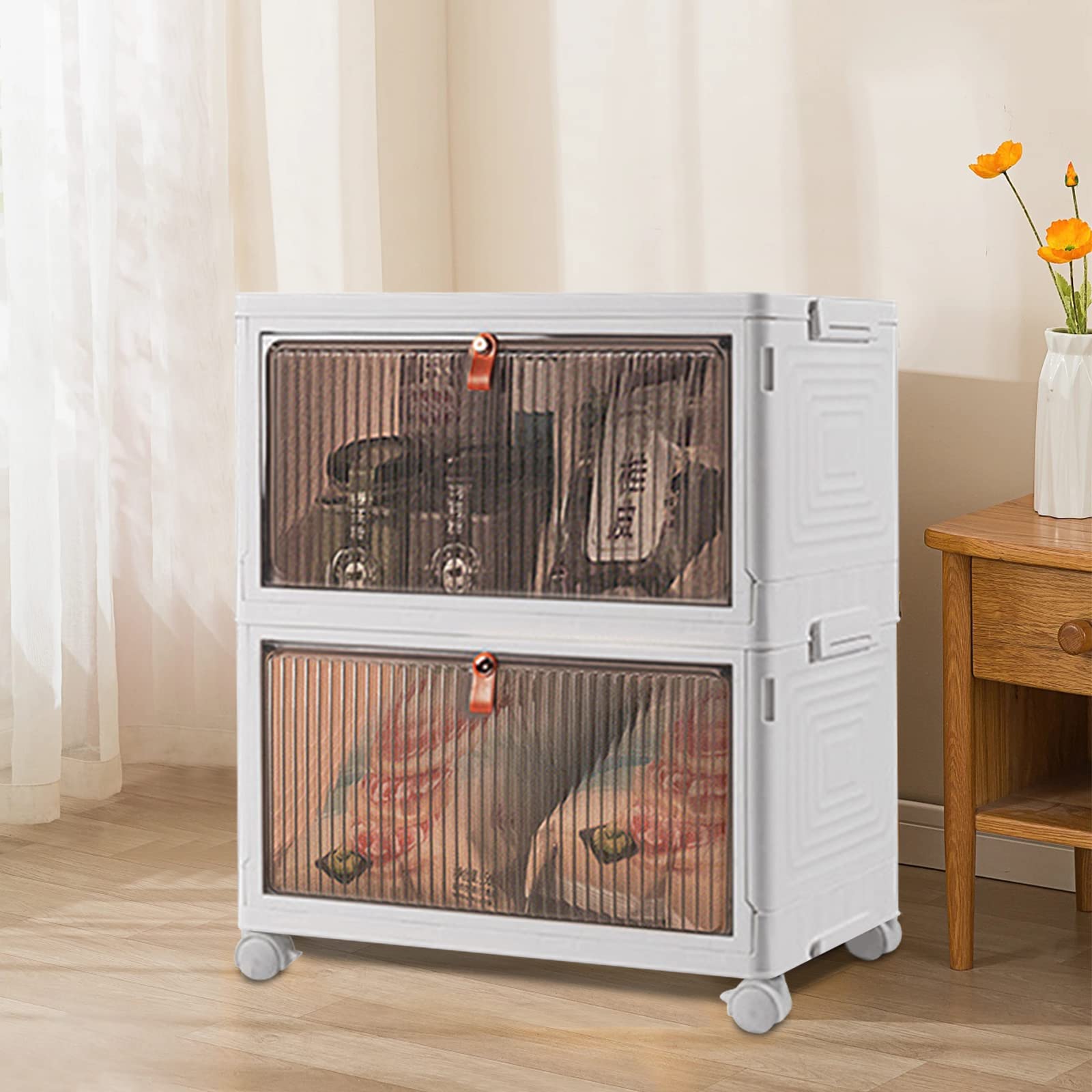 Ergocar Caja de Almacenamiento de Plástico Plegable, Grueso y Duradero, Transparente Cajas de Almacenamiento Apilables con Tapas y Ruedas, para Dormitorios, Salas de Estar, Coche