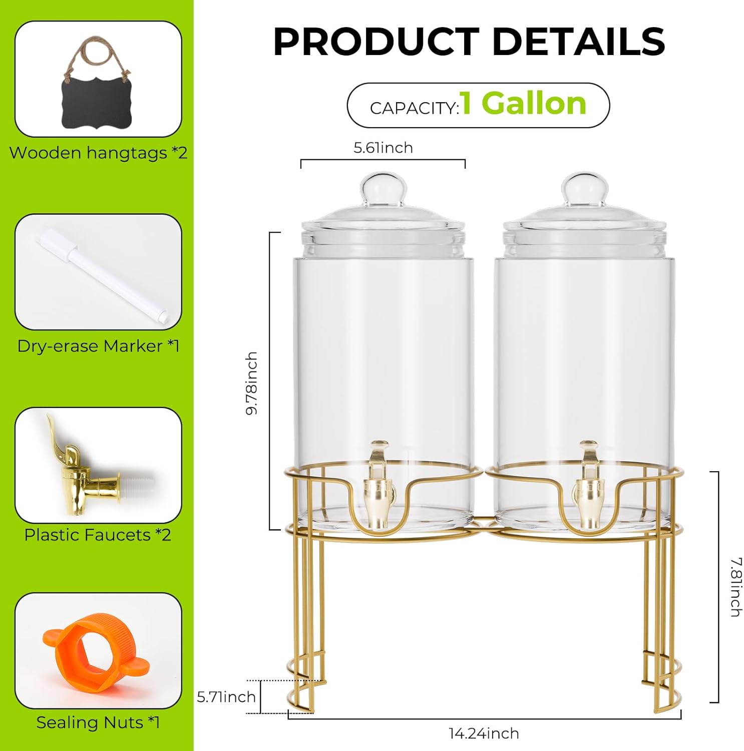 Glass Drink Dispensers For Parties, 2 PACK 1 Gallon Beverage Dispenser With Lids, Gold Metal Stand And Spigot 100% Leak proof. Lemonade Dispenser With Chalk board - Image 2