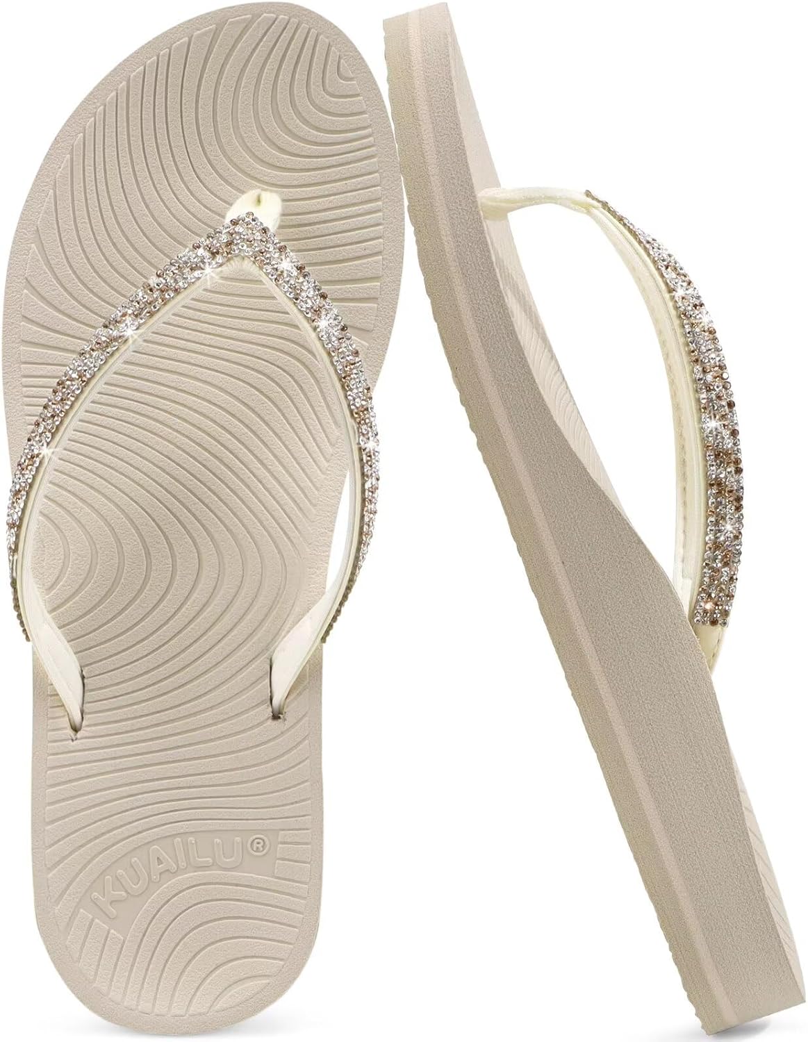 KuaiLu Women’s Rhinestone Flip Flops with Comfort Arch Support Yoga Mat Cushion Sandals Fashion Summer Beach Travel Orthotic Walking Thong Sandles Slip on Plantar Fasciitis Indoor Outdoor Shoes