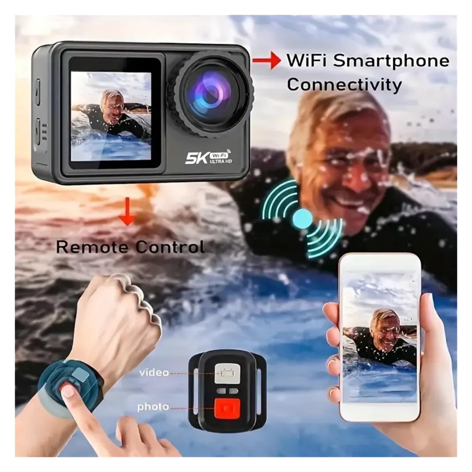 Action camera 5K Ultra HD con doppio schermo da 2.0 e 1.3 pollici, connessione WiFi for smartphone, for fotocamere casco