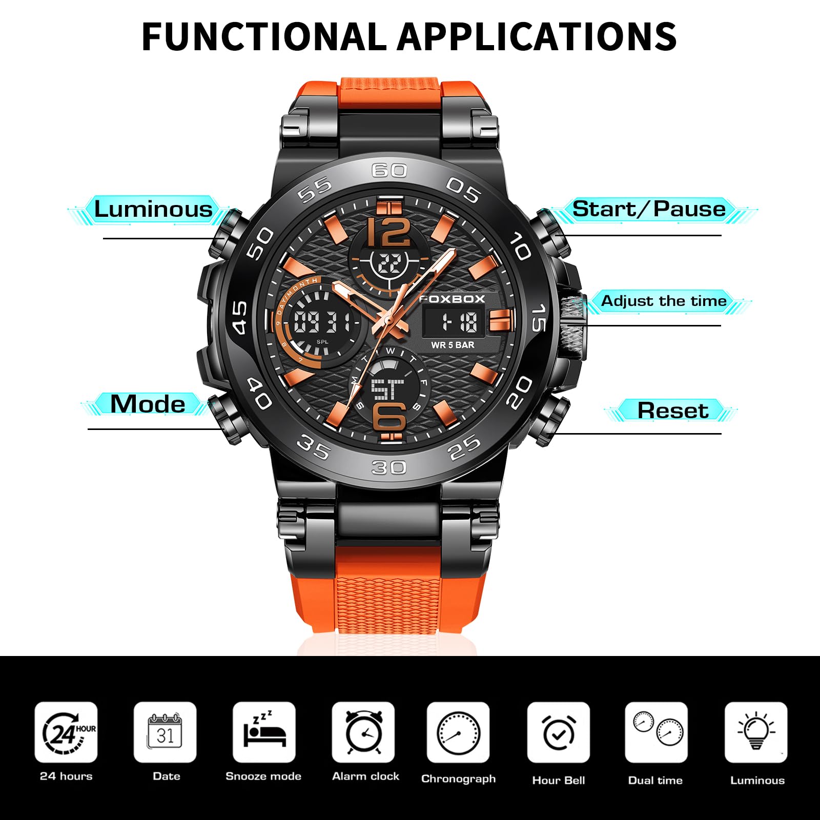 Orologio al quarzo da uomo, sportivo, impermeabile, luminoso, sveglia, multifunzione, analogico e digitale, quadrante grande, facile da leggere, comodo cinturino in silicone, per allenamento