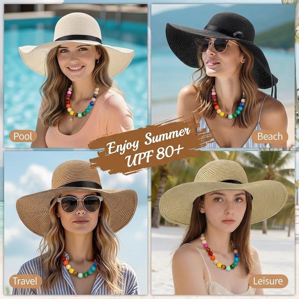 Wide Brim Straw Sun hat with Colorful Resin Bead Necklace, Summer Beach Set, Set of 2