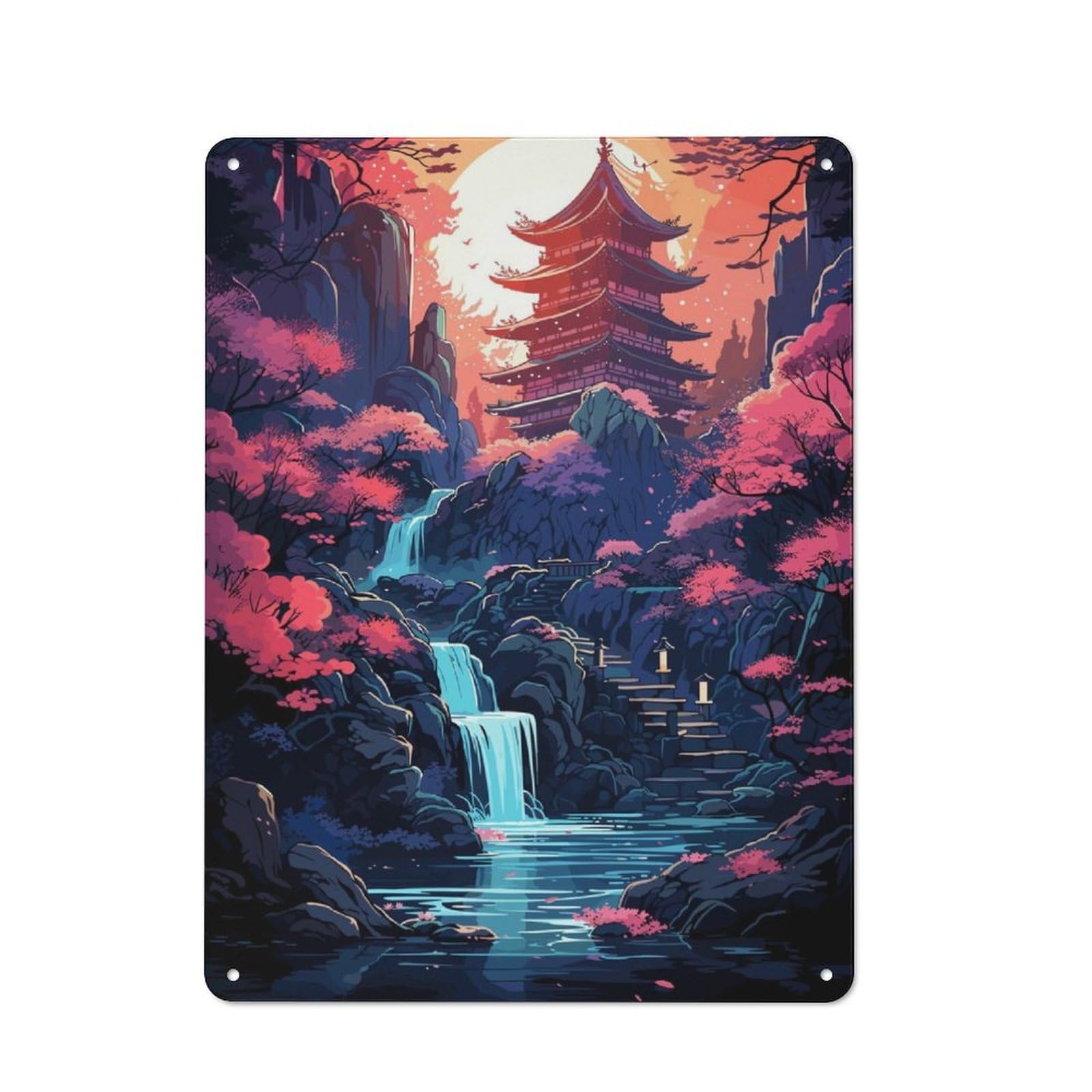 Junmoney Japanese Temple Waterfall Retro Tin Wall Plaque 40X30cm For Home Office Or Studio, Wall Decoration For Home Offices And Studios