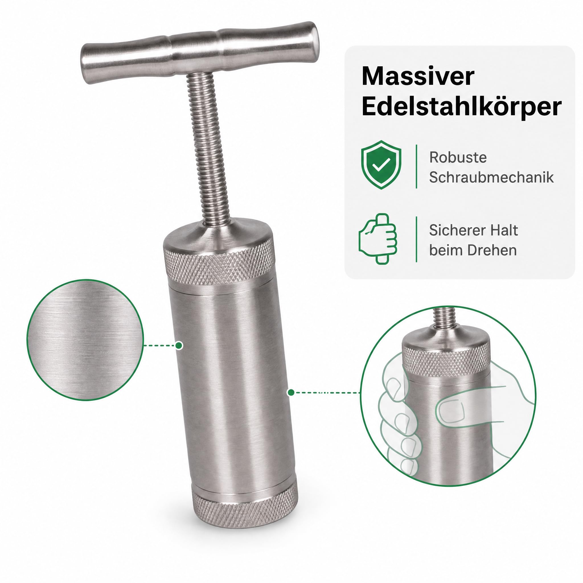 Kräuterpresse Pollenpresse T-Press aus Edelstahl, Manuelle Handpresse/Spindelpresse zum Verdichten von Kräutern, Gewürzen und Tabak, Ø 2,5 cm Presskammer, Höhe 11,5 cm, mit Aufbewahrungsbox