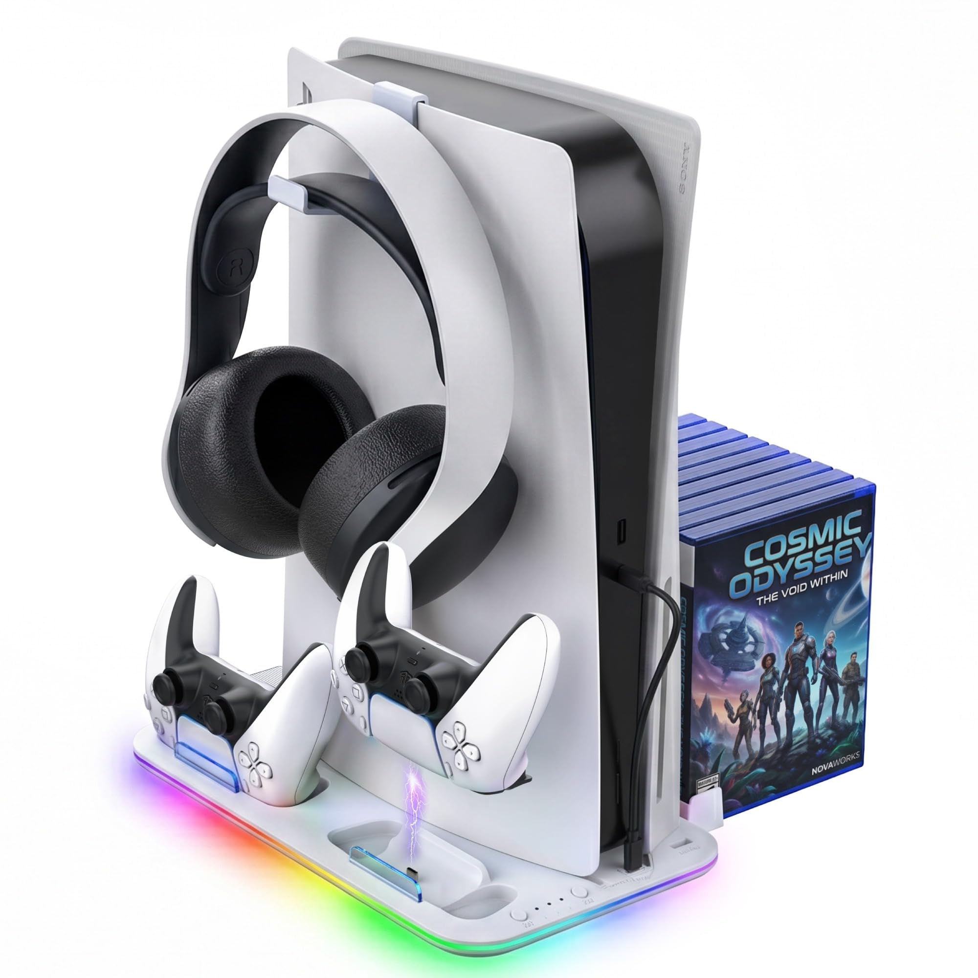 Fosmon - Soporte para PS5 y PS5 Slim e Raffreddamento con Cargador Mando PS5-10 Slots di Gioco e Supporto per Cuffie - con Luce LED RGB - Bianco