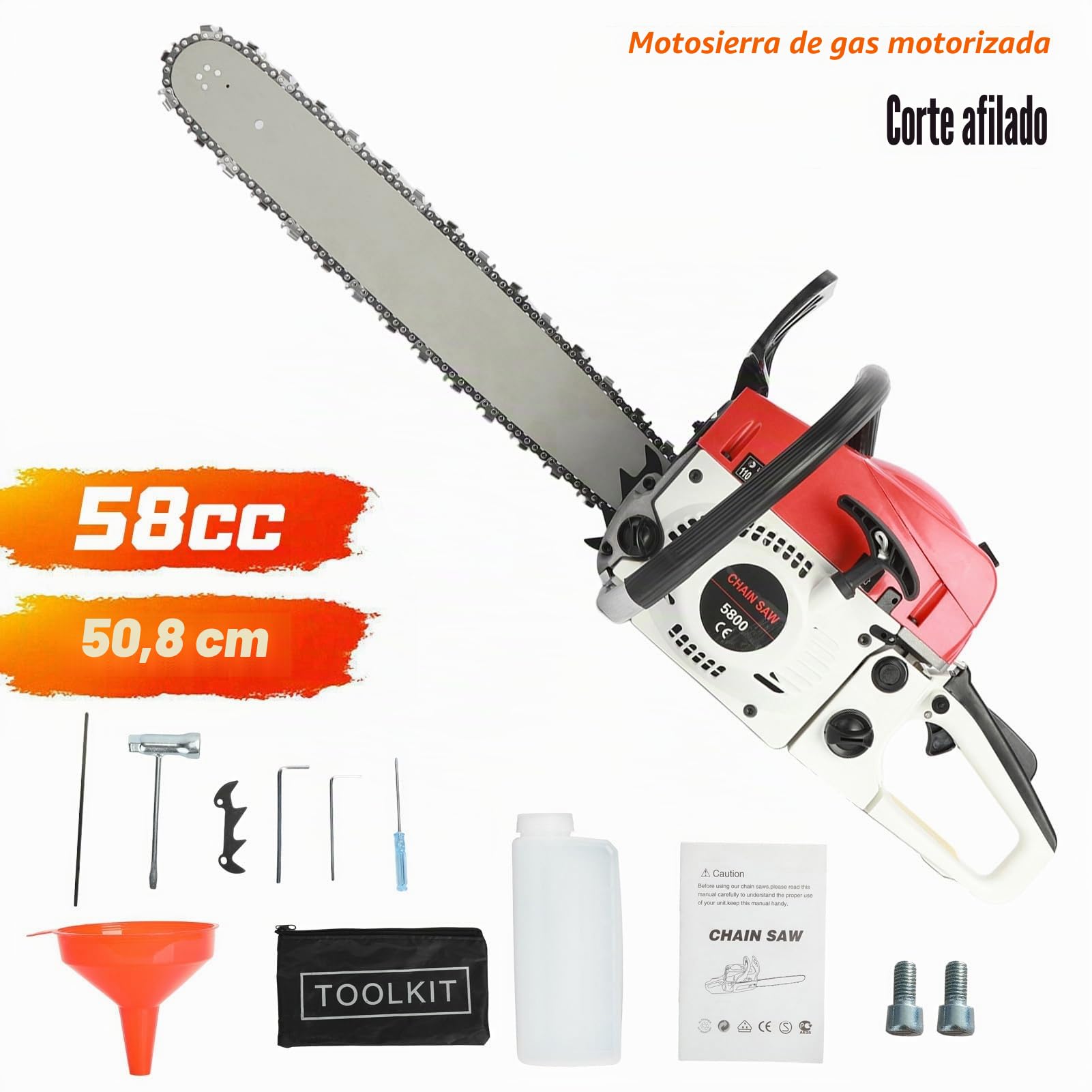 Motosierra de Gas de 20 Pulgadas 58CC, Motor de 2 Ciclos 2.4kw/3.2hp, Motosierra de Gasolina de Alta Potencia para Cortar Leña, Podar y Recortar, Motosierra de Gasolina con Engrasador Automático