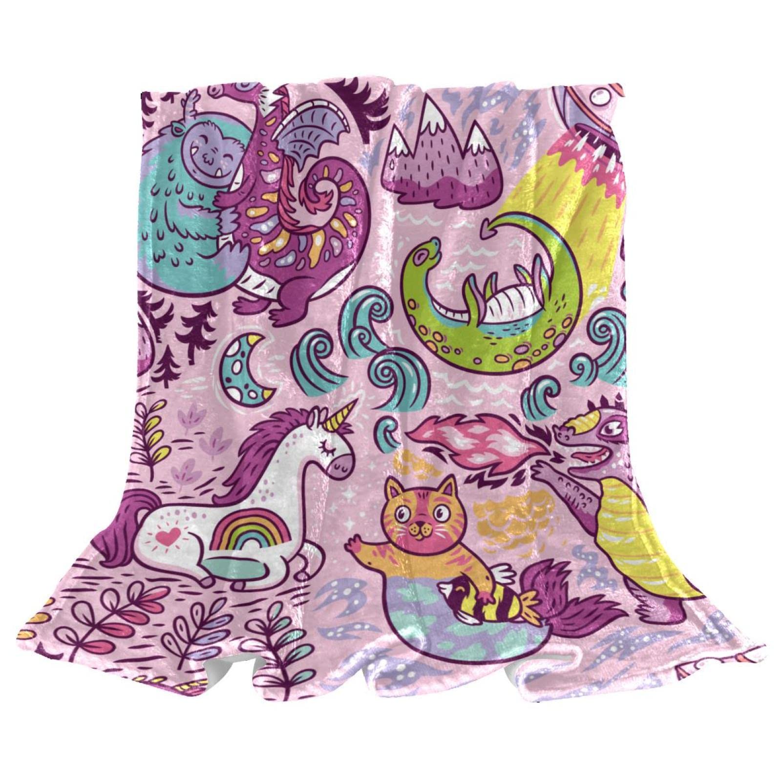 Fleece Throw Blanket Dragon Unicorn Cat Dinasour for Couch Lightweight Plush Fuzzy