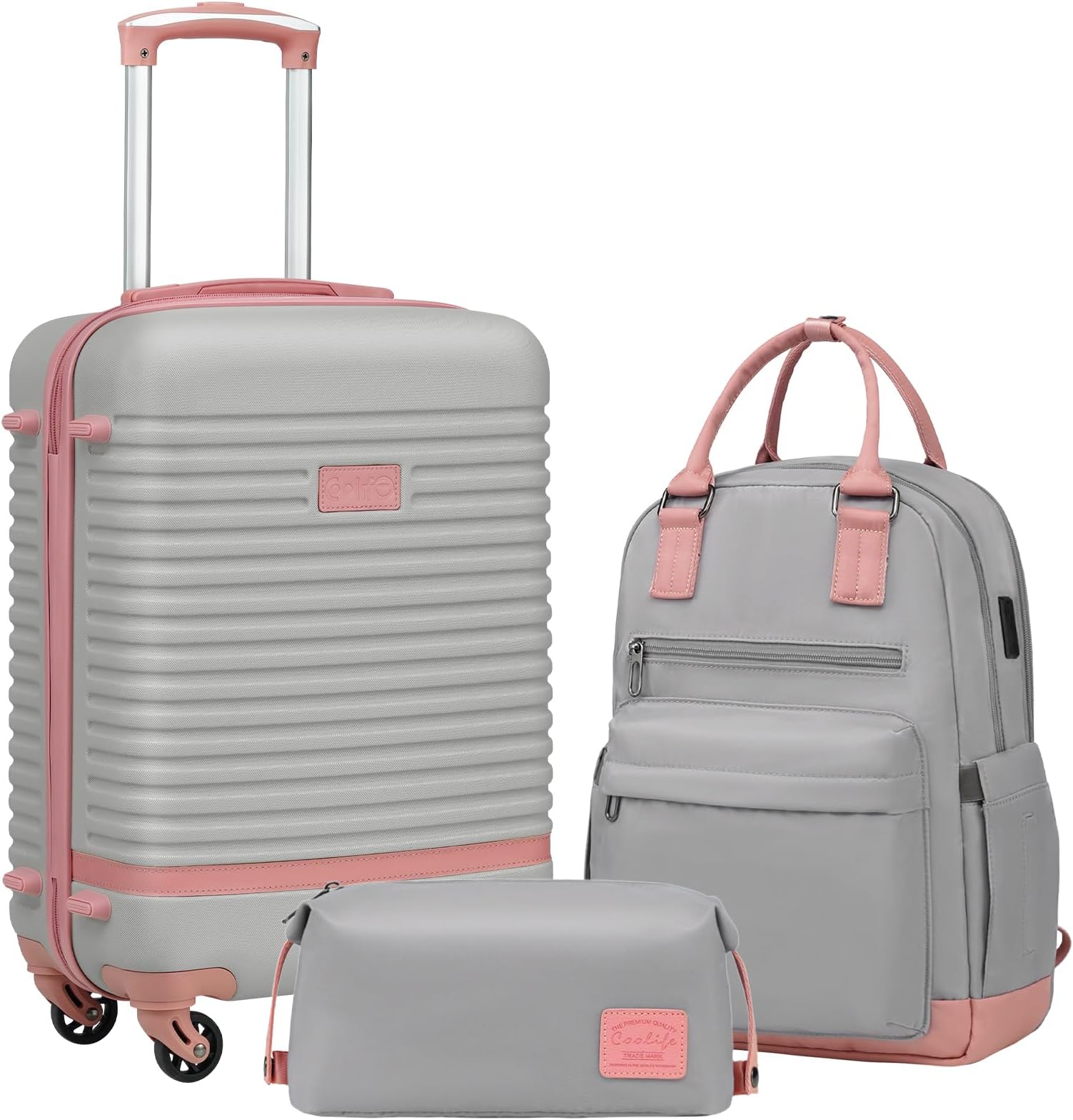 Suitcase Set 3 Piece Luggage Set Carry On Travel Luggage TSA Lock Spinner Wheels Hardshell Lightweight Luggage Set(Gray+Pink, 3 piece set (BP/TB/20))