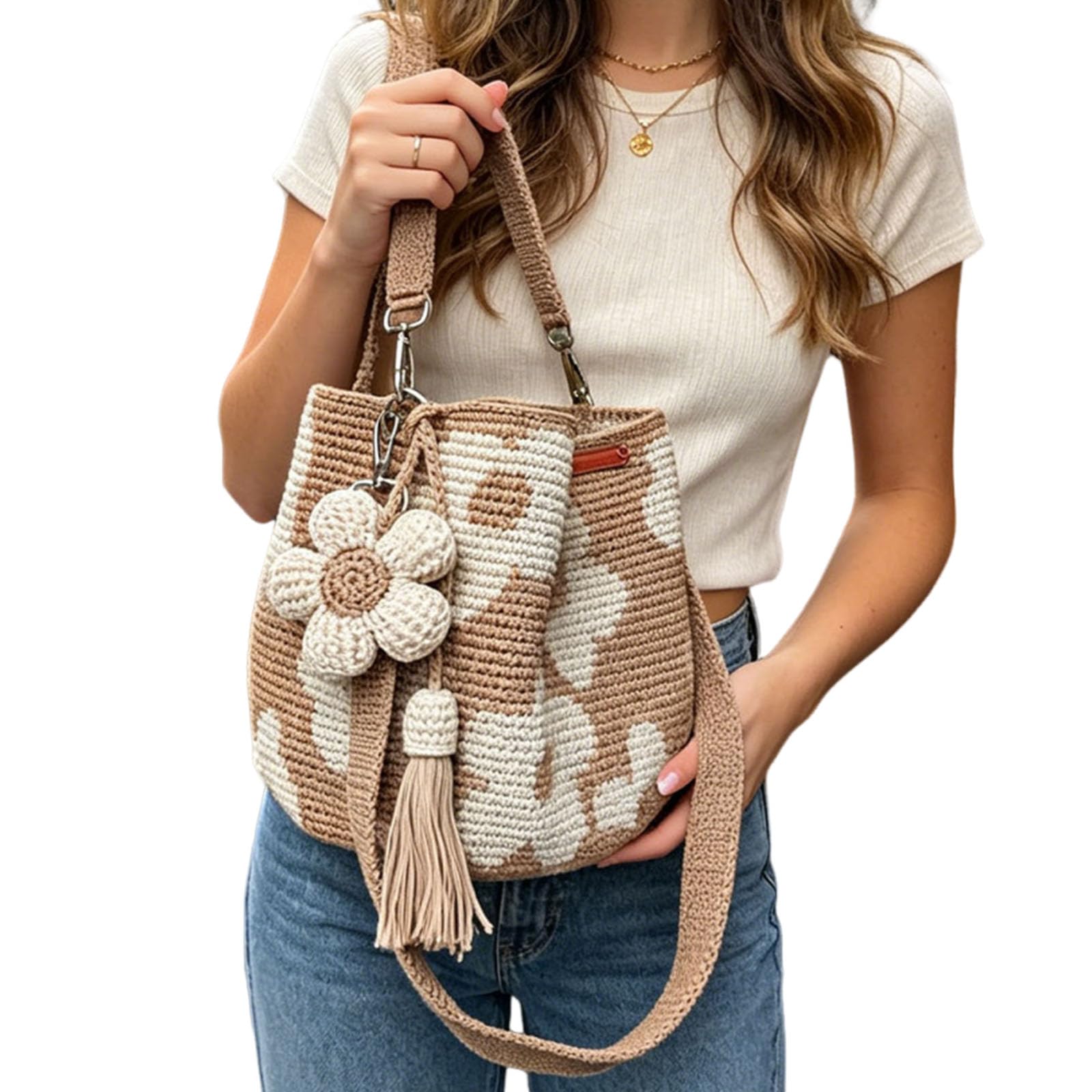 Bolso bandolera de verano en crochet con pompón de flores, estilo bohemio ligero para mujer en playa y vacaciones