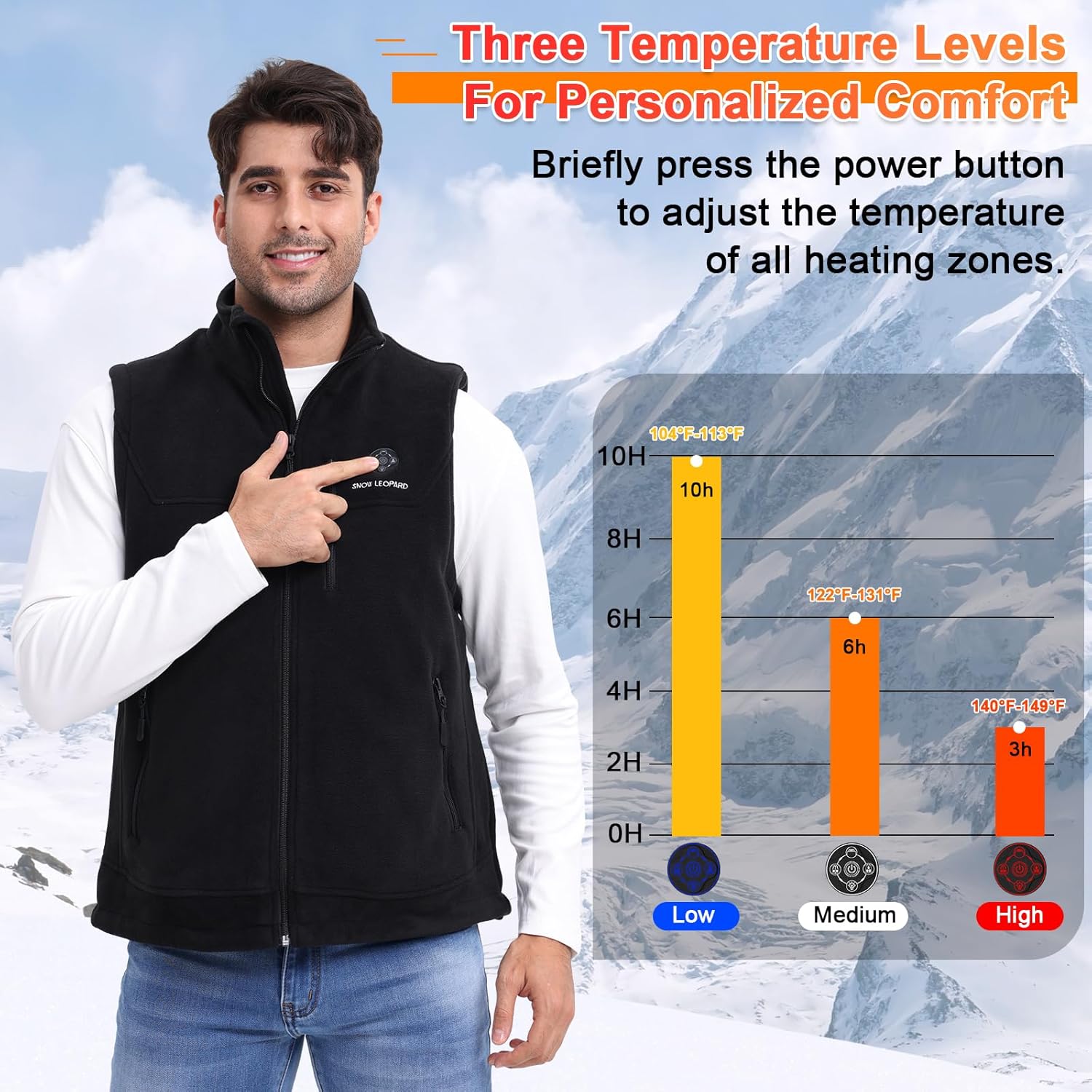 SNOW LEOPARD Men's Heated Vest, Black, Modern, Polyester, Fall/Winter, Outerwear Vests - Image 3