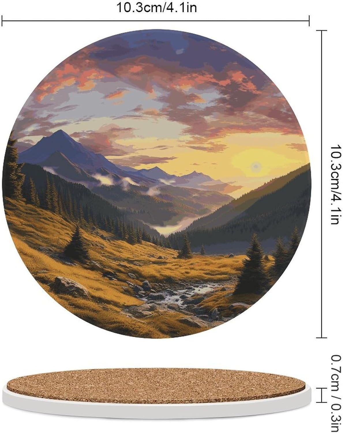 Mountain Sunset Landscape Coasters Round Coasters Set Ceramic Stone Coaster with Cork Base Coffee Cup Beverage Cup Mat Cute Funny Table Drinks Coaster for Mugs and Cups Office Kitchen