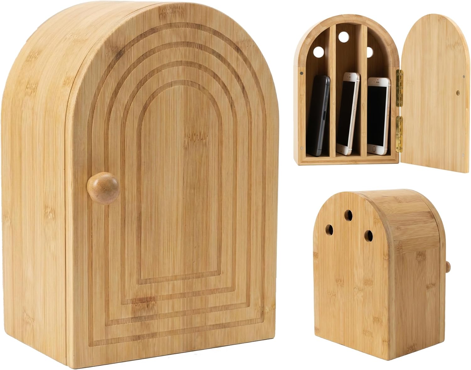 Bamboo Cell Phone Lock Box, Phone Locker for Family Time, Phones Safe Device Lock Box for Families, Bamboo Phones Jail Storage Holder with Charging Holes