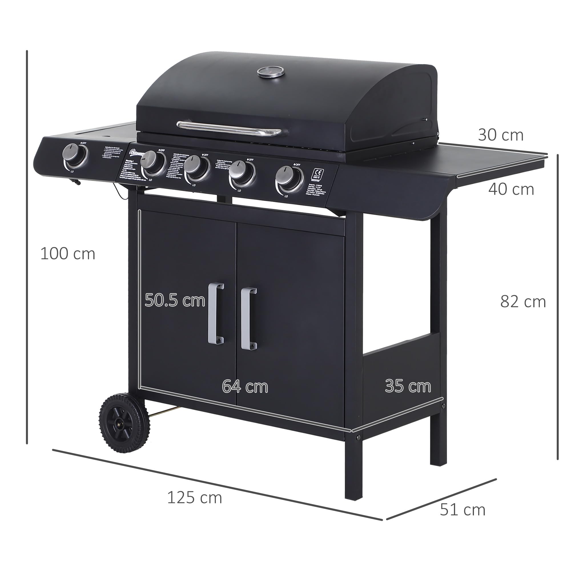 Outsunny Barbecue a Gas 5 Fornelli con Ripiani Laterali e Armadietto, 125x51x100 cm, Nero