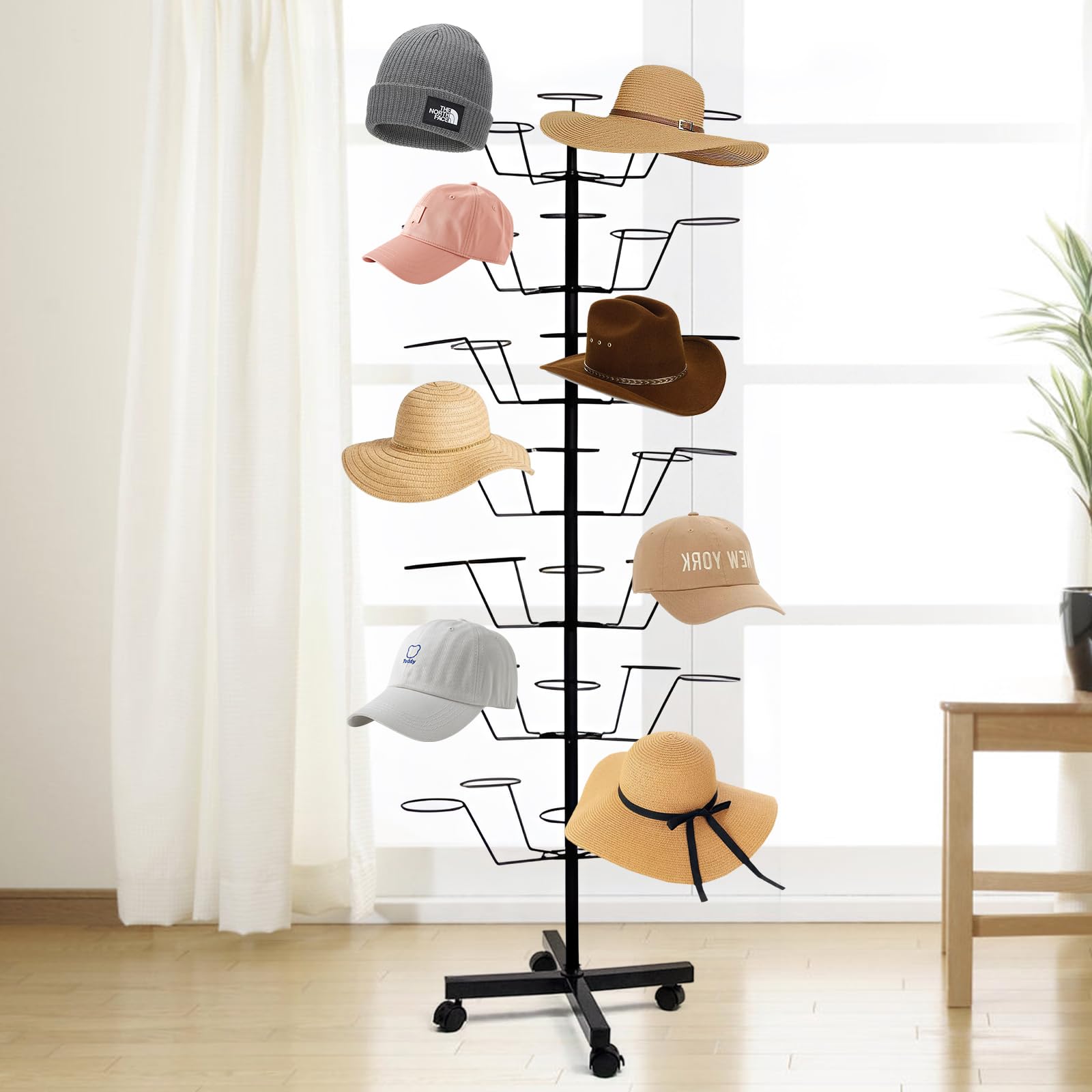 toncheantonchean Free Standing Hat Rack Stand, 7-Tier Rotating Standing Hat Rak Tree with 35 Hooks, Metal Wig Rack for Multiple Wig, Industrial Hat Rack for Bassball Caps