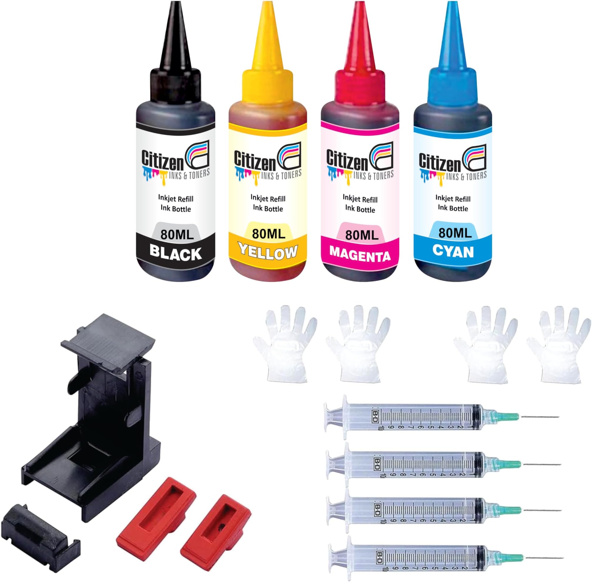 Refill Kit with Suction Tool Combo Pack of High Yield Inkjet Cartridge Ink Refill Compatible for HP and Canon Cartridge Printers - 80ml Per Bottle (4 Color Full Set)