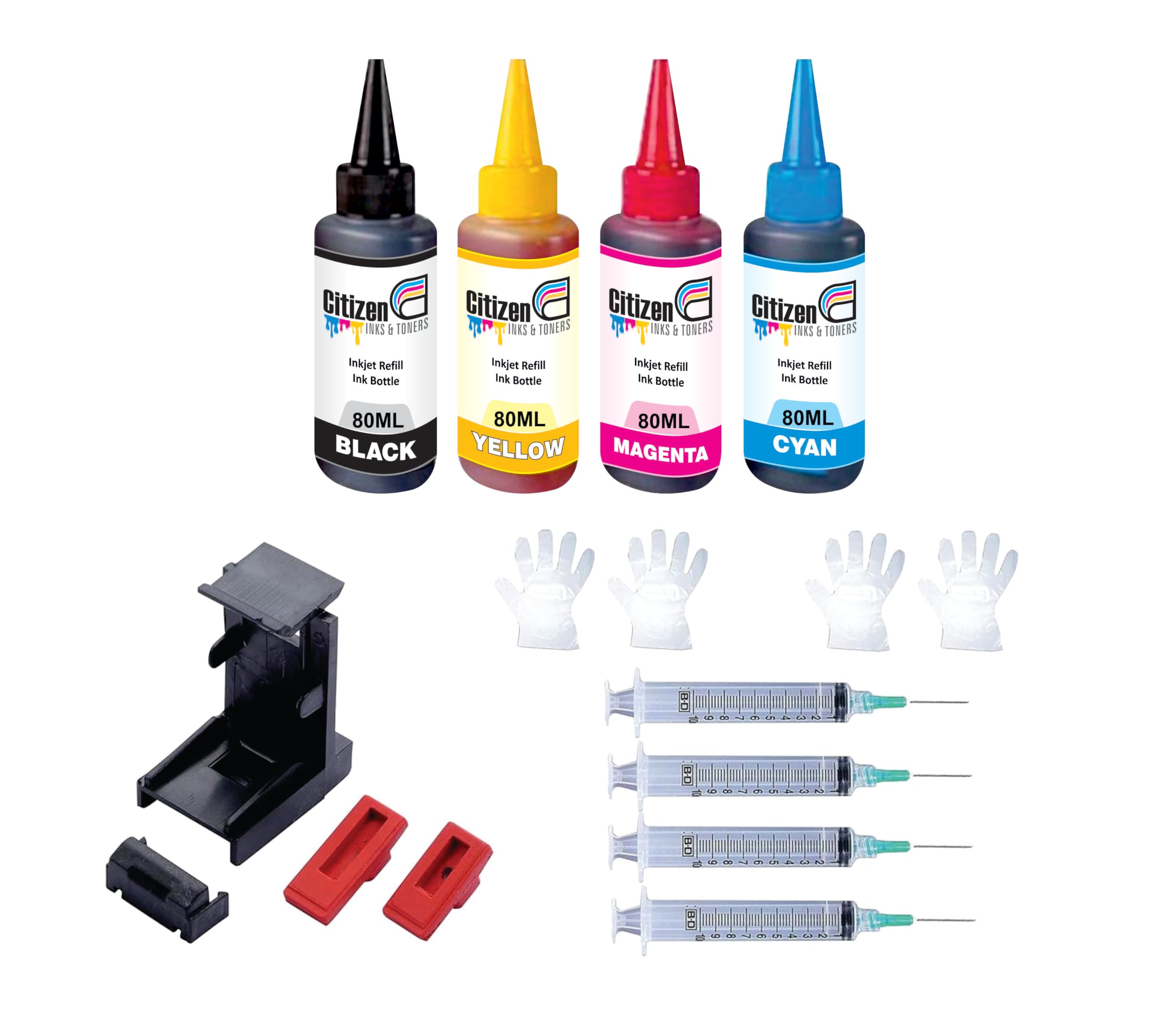 Refill Kit with Suction Tool Combo Pack of High Yield Inkjet Cartridge Ink Refill Compatible for HP and Canon Cartridge Printers - 80ml Per Bottle (4 Color Full Set)