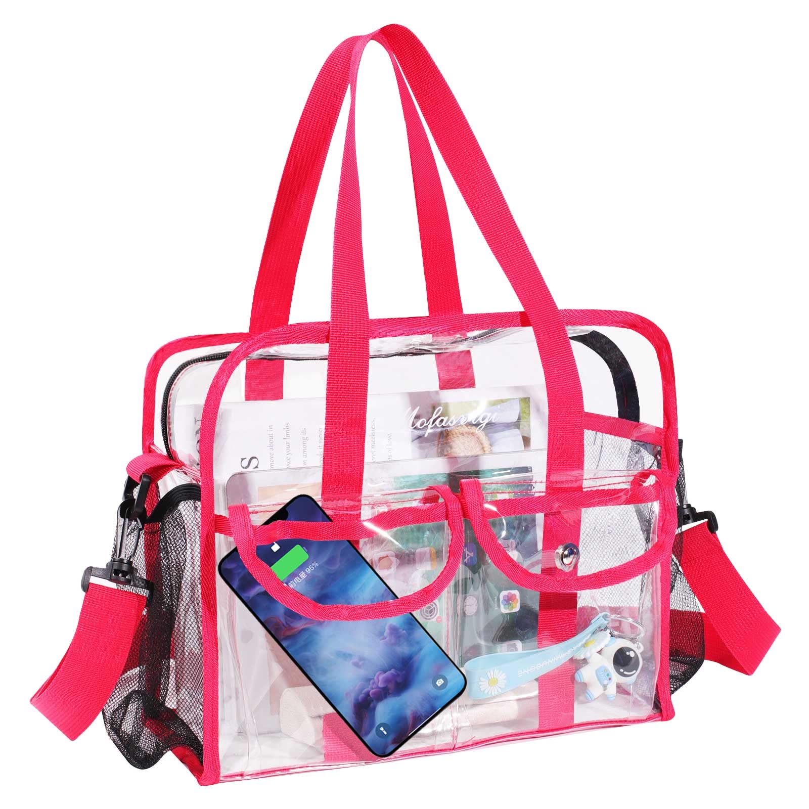 MOFASVIGI Grand sac fourre-tout transparent pour femme et homme, sac de courses en PVC transparent imperméable avec poignées pour stade, jeux sportifs, loisirs