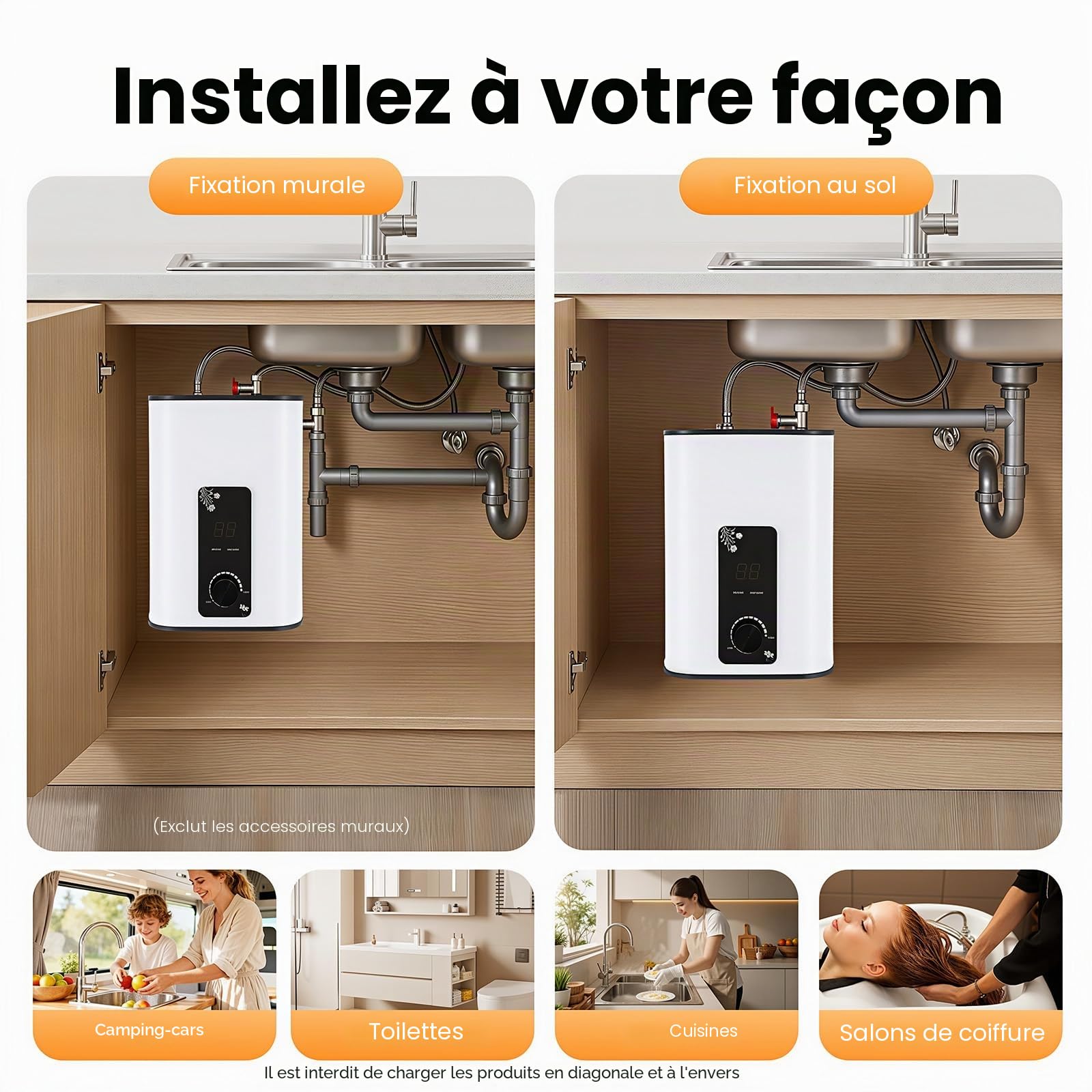 Réservoir d'eau chaude 8 l - 1500 W - Petit réservoir d'eau chaude résistant à la pression avec fonction thermostop - Chauffe-eau sous table - Température réglable de 0 à 65 °C - Pour cuisine et salle