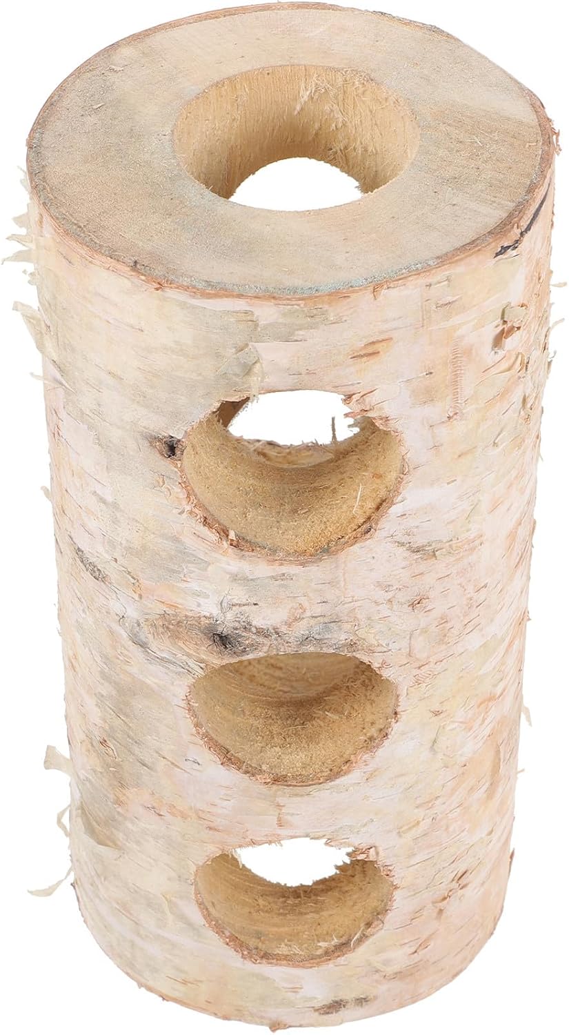 Happyyami Birch Wood Hamster Tree Trunk Tunnel 20cm with 3 Holes 4cm Inner Diameter Wooden Hideout Chewable Small Animal Tunnel for Hamsters and Guinea Pigs