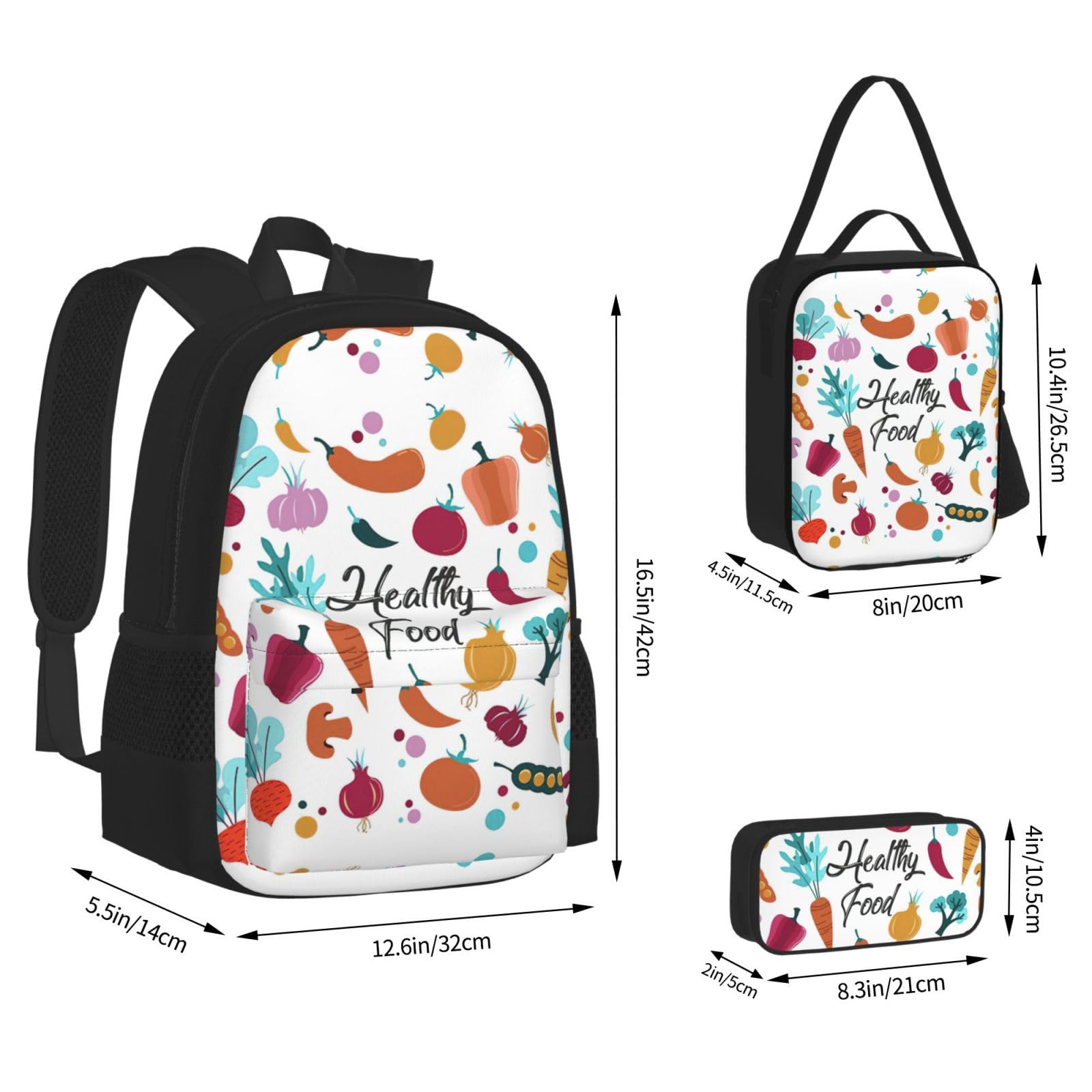 Juego de 3 mochilas escolares con estampado de alimentos saludables, mochila para laptop resistente al agua de gran capacidad con bolsa de almuerzo aislada y estuche para lápices para