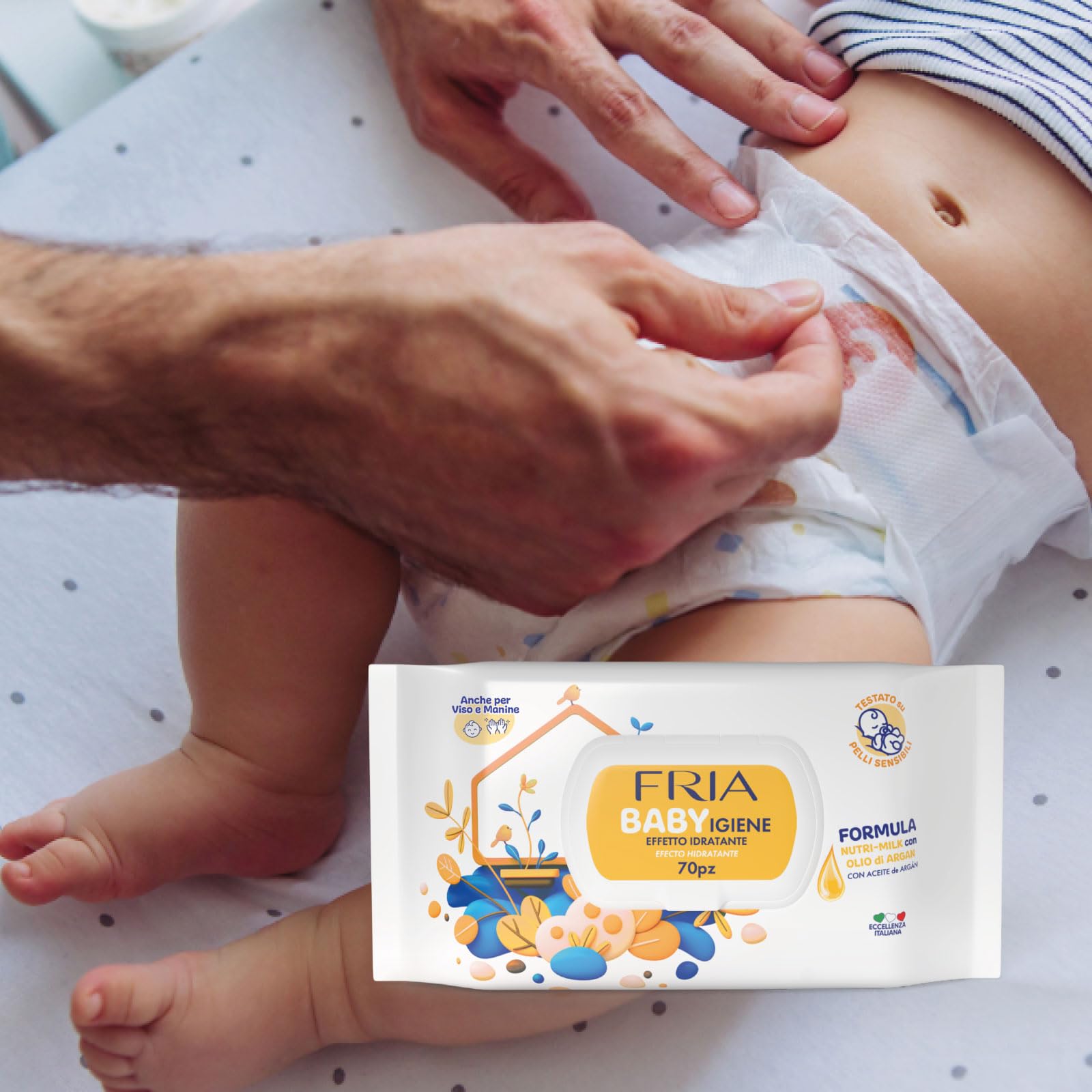 Fria Baby Salviette per Cambio Pannolino con Olio di Argan e Nutrimilk, Idratanti, 70 Pezzi