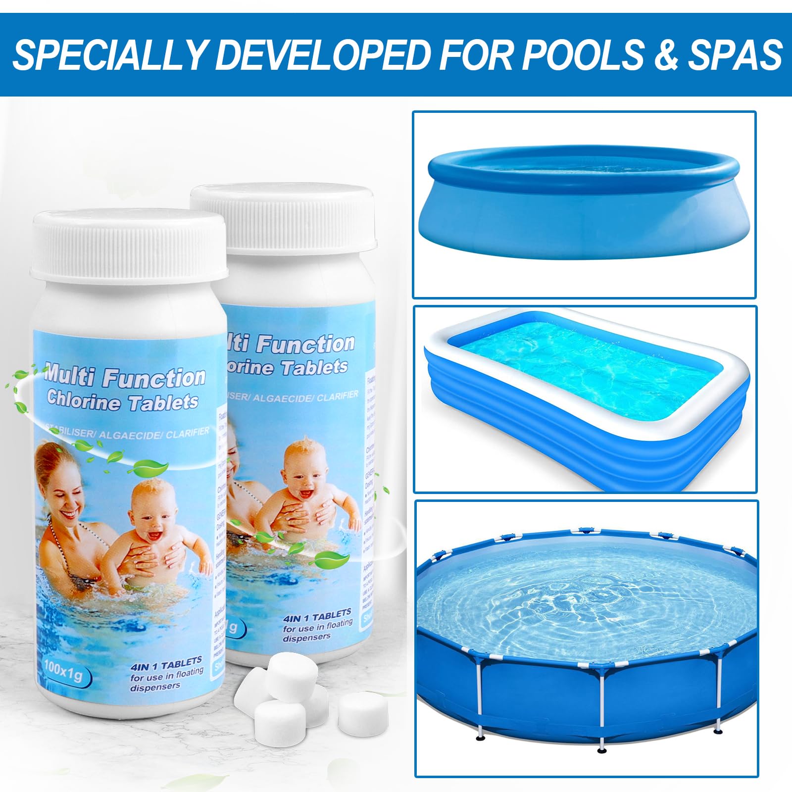 200 Pcs Pool Reinigungstabletten, 5 in 1 Multitabs für Pool, Wassertank, Whirlpool, Spa (A1)
