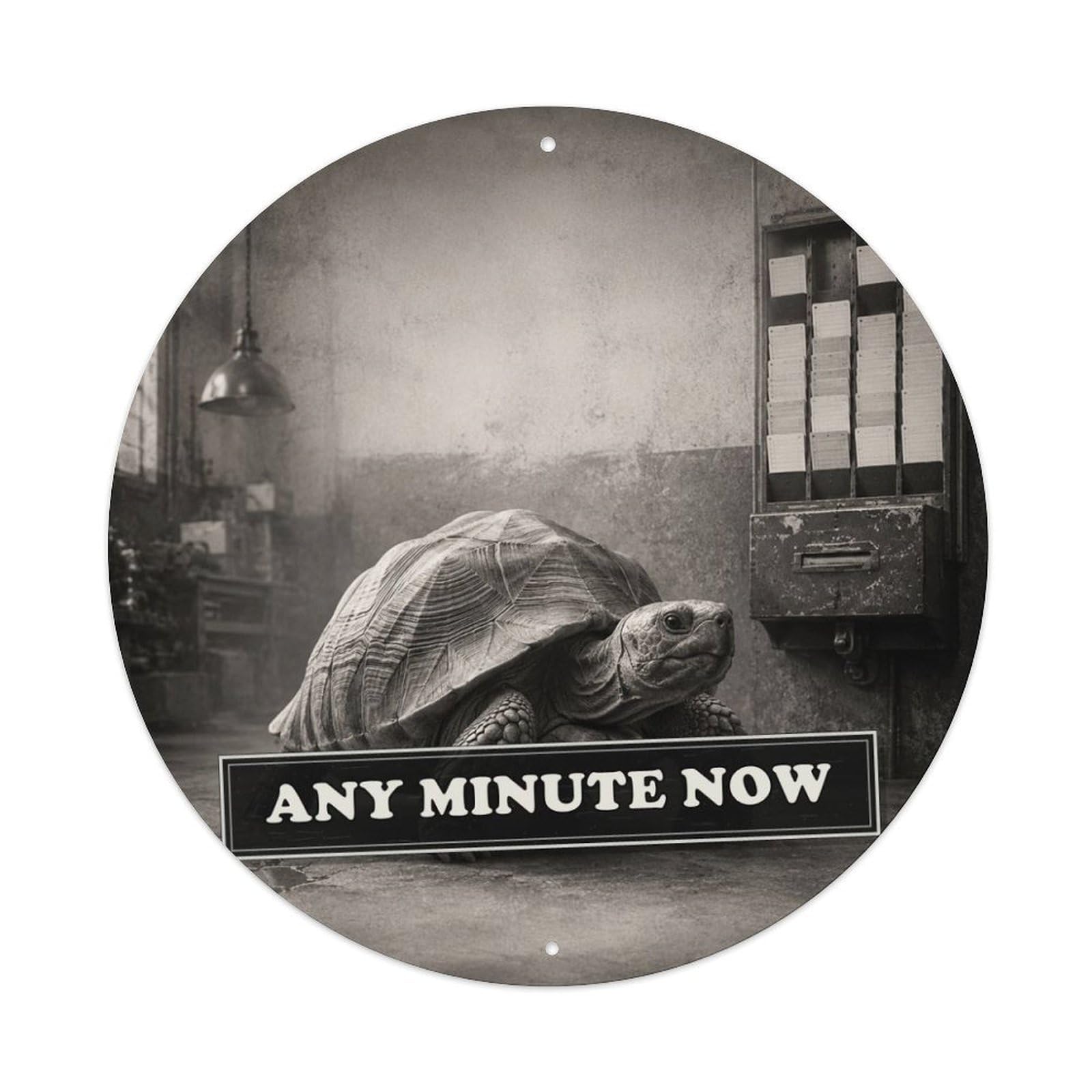 Animal Tortoise Time Clock Surreal Anthropomorphic Satire Humor Metal Tin Sign Plaque Wall Decor for Cafe, Man Cave, Club Bar, Office, Home Garden Round Metal Poster 8x8Inch