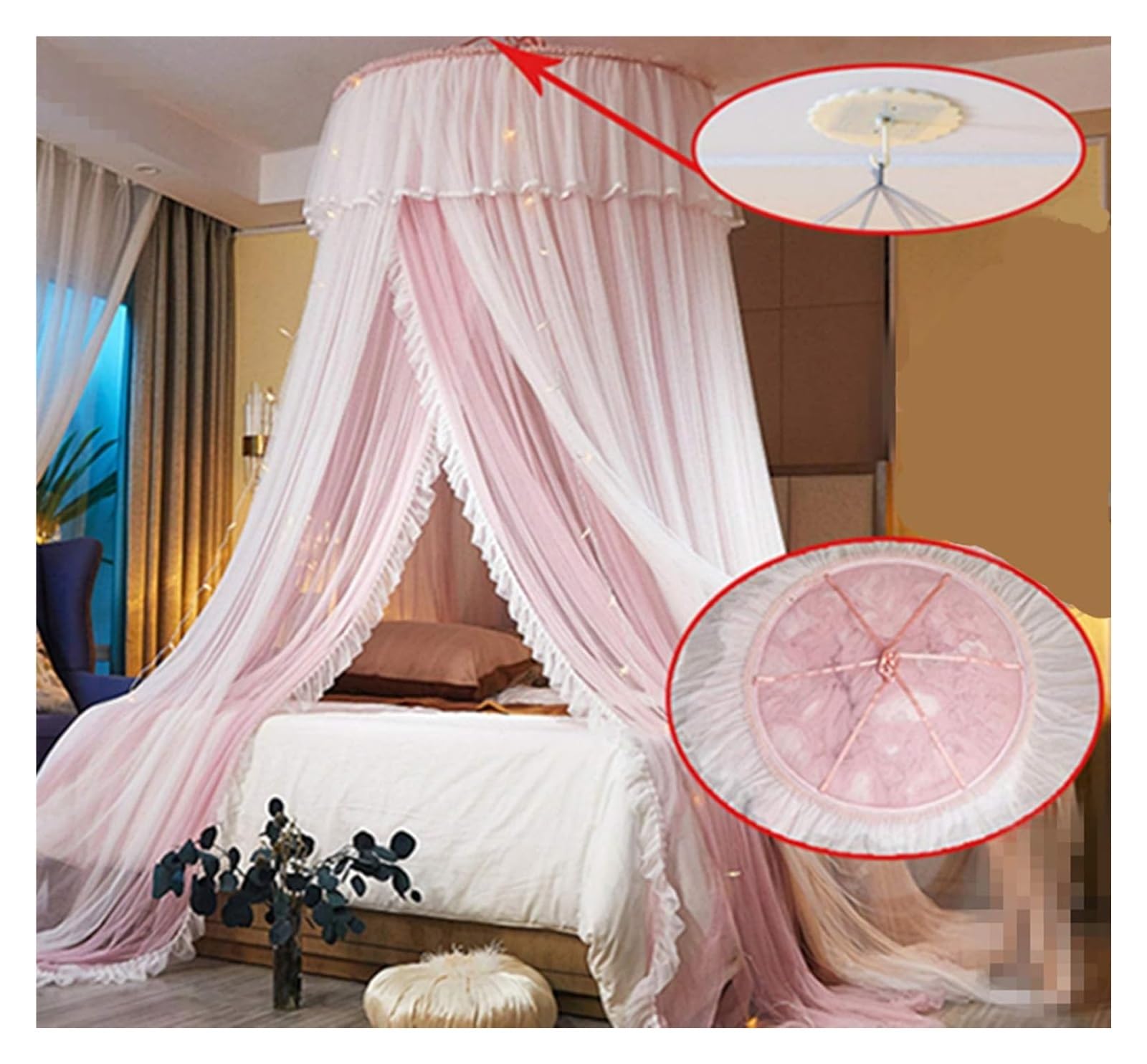 Tenda da Letto, Baldacchino da Letto, for Ragazze, Tenda a baldacchino - a Cupola in Rete Trasparente a Doppio Strato con zanzariera Princess in Pizzo Rotondo for Letti Gemelli Queen King