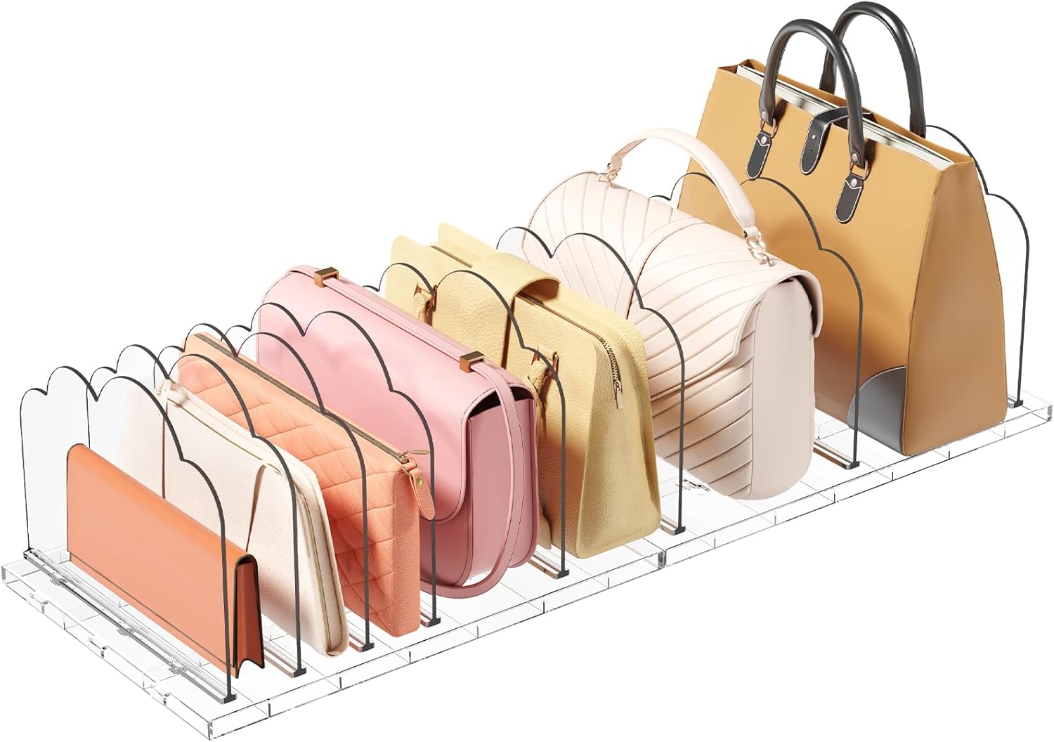 Clear purse organizer for closet adjustable holder rack bookshelf separator