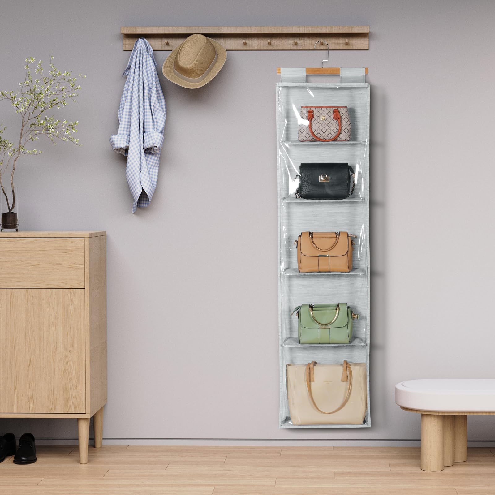 Syeeiex Hanging Handbag Purse Organizer with Zippers, 5 Mesh Shelves,Clear Slubbed Fabric+PVC Hanging Closet Bag Organizer, Dustproof Handbag Closet Tote Storage Bag for Door, Wardrobe, Shelf Rack: Beige-4 Shelves