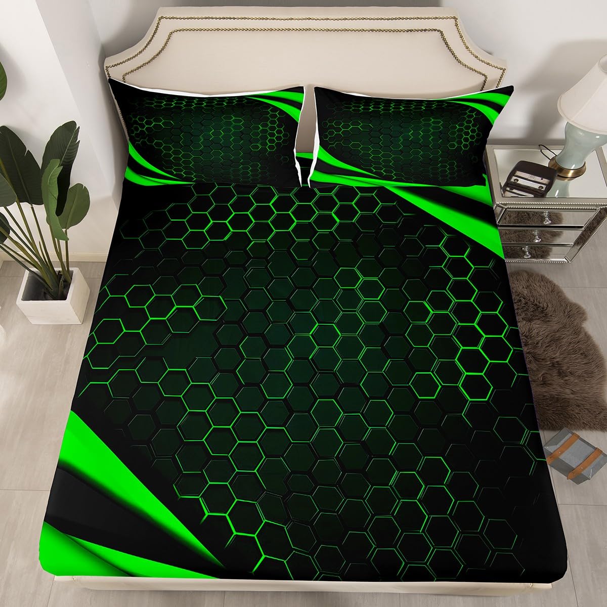 Honeycomb Sheet Set King Black Green 3D Hexagon Geometrical Pattern Gamer Bed Sheets for Boys Men Kids,Hexagonal Beehive Geometry Fitted Sheet Game Room Decor,Glowing Neon Home Decor Top Sheet