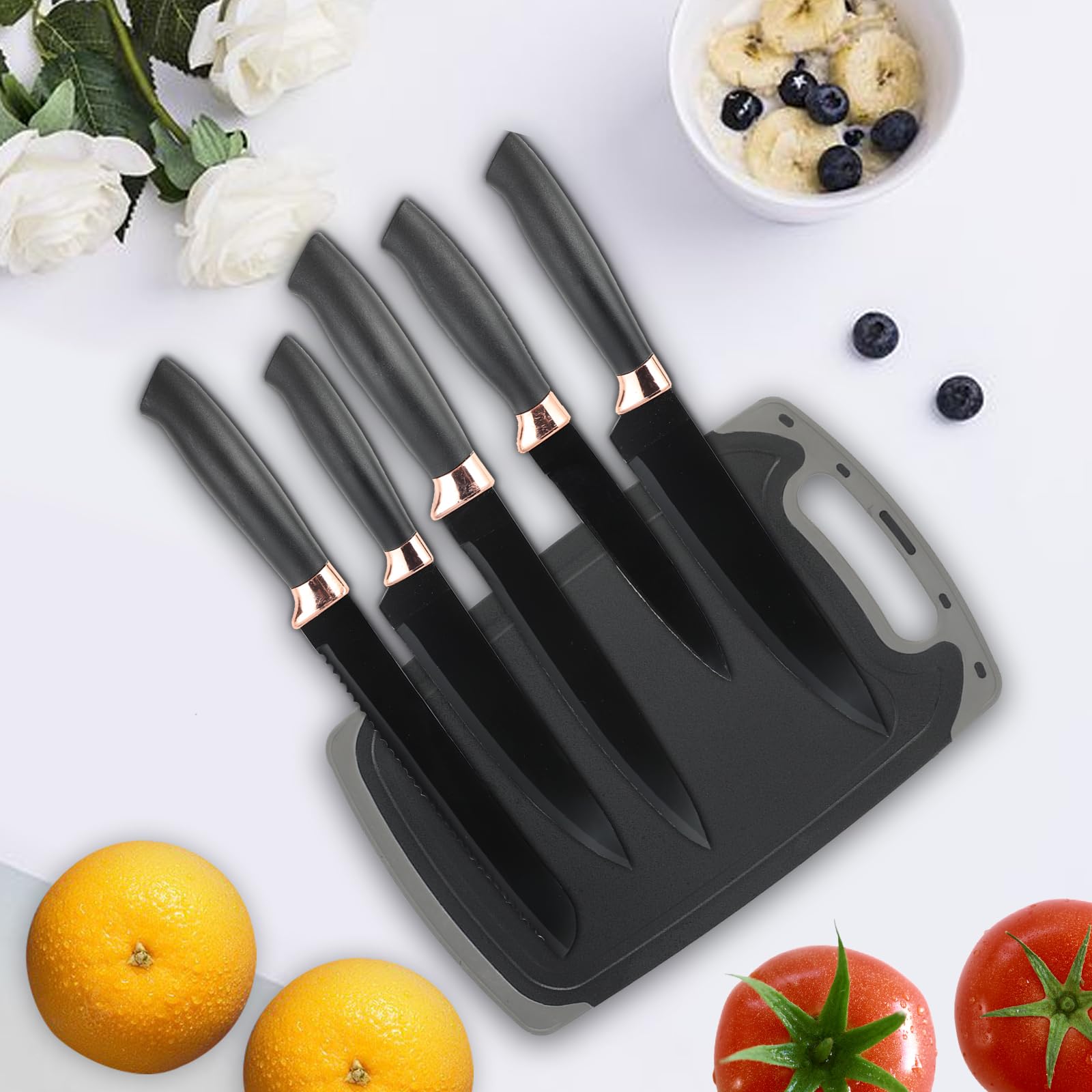 Set di 19 coltelli da cucina, in silicone, con 12 utensili da cucina, 5 coltelli, tagliere e supporto, lavabile in lavastoviglie (Nero/Bianco)