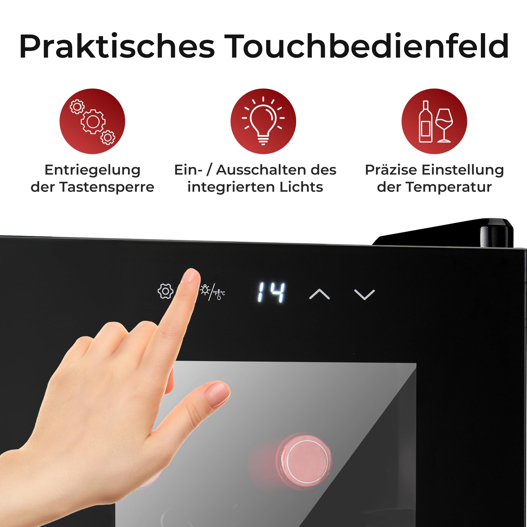 KLAMER Weinkühlschrank 8 Flaschen, Mini Kühlschrank 21 L, 5–18°C Präzisionskühlung, Thermoelektrisch, UV-Schutz Glastür, Touch Display, Weinkühler leise 35 dB - 5