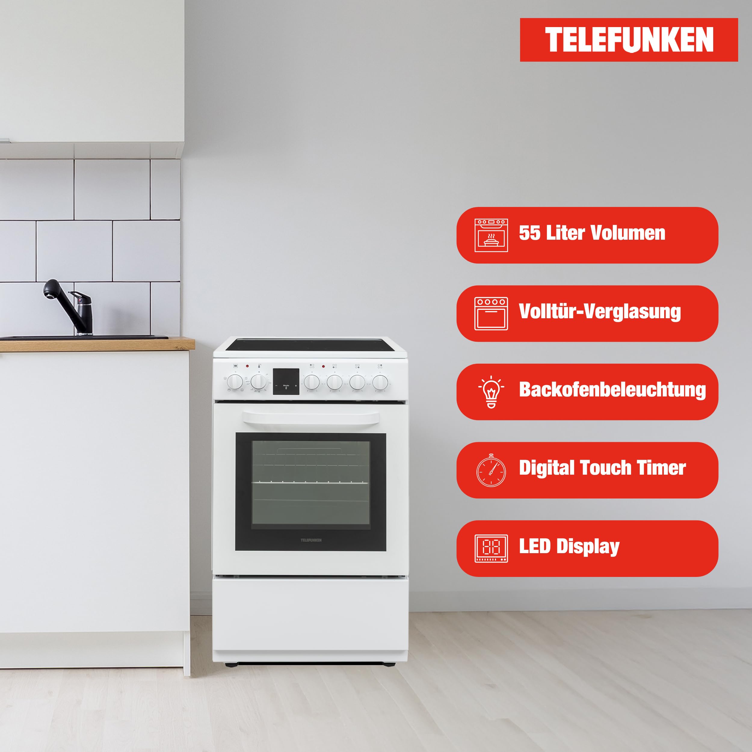 Telefunken Standherd mit Glaskeramik-Kochfeld | Elektroherd freistehend 50 cm breit | Herd mit Backofen und Kochfeld | 55 Liter | 5 Betriebsarten | 4 Kochzonen | LED-Display | EEK A | Weiß | BSHC55AI
