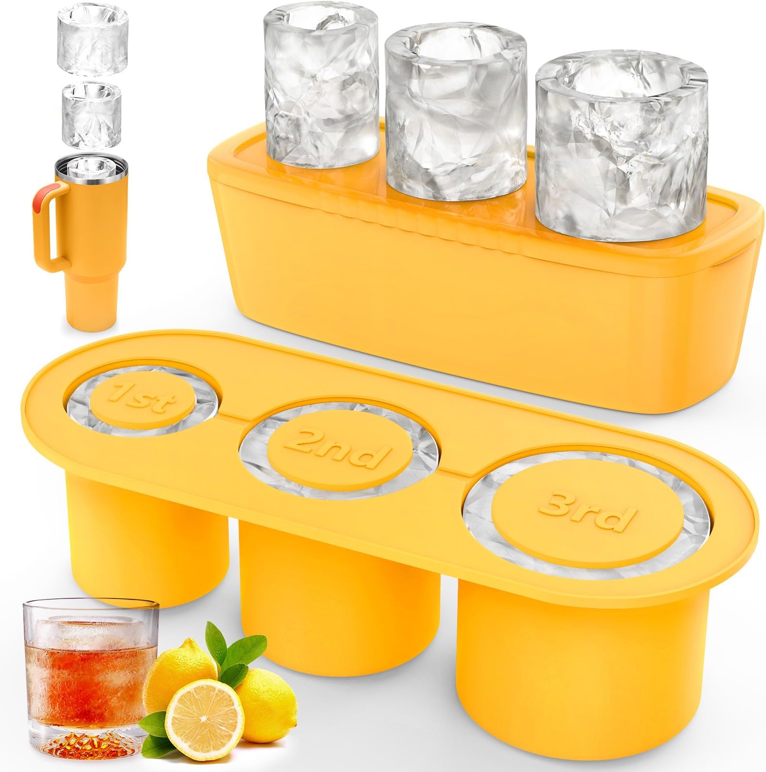 Ice Cube Tray for Stanley,for Stanley Ice Mold Silicone Ice Cube Trays with Lid and Bin Cylinder Ice Cube Mold for Stanley Cup Accessories 40 oz Tumbler Large Ice Molds Maker for Whiskey Coffee,Yellow