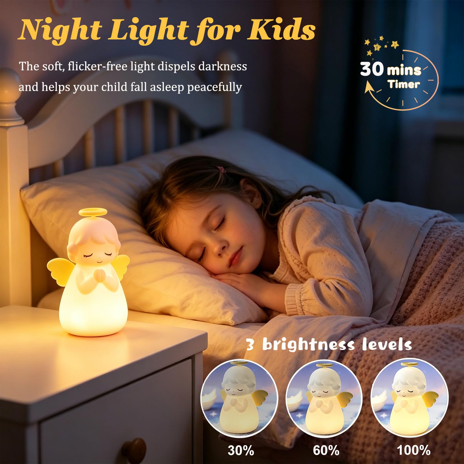 Luce notturna a forma di angelo per bambini, ricaricabile, 7 colori