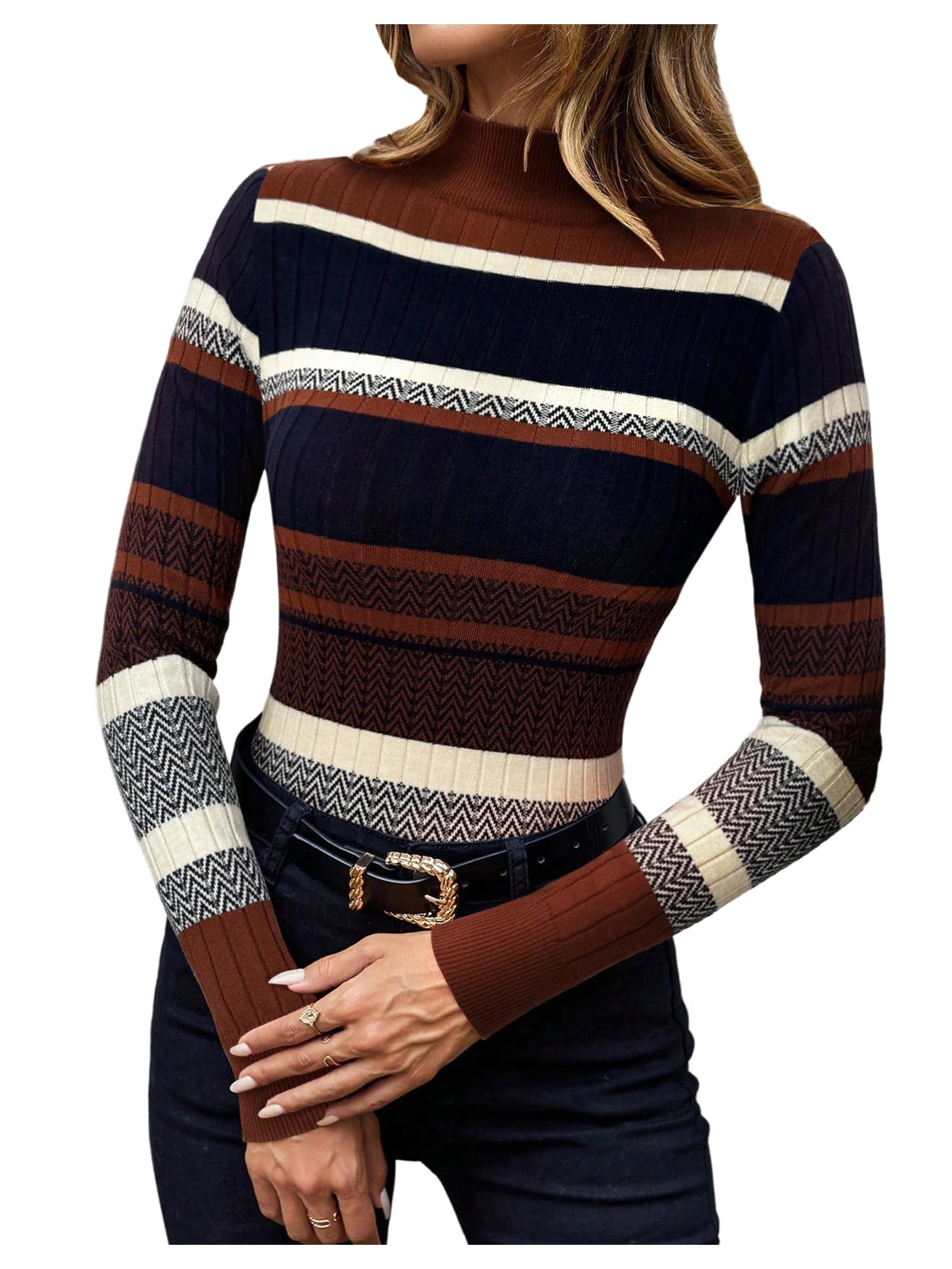 Floerns Womens Chevron Fall Sweaters Color Block Mock Neck Long Sleeve Knit Old Money Pullover Jumper