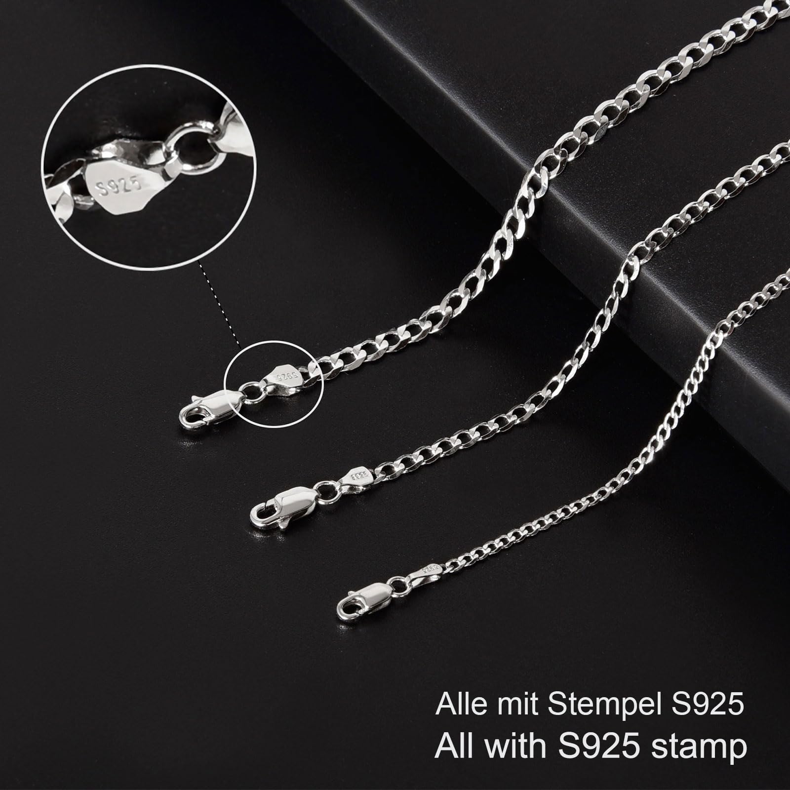925 Sterling Silber Panzerkette Echt Silberkette für Herren Damen 2/3/4mm Breite Dünn Superflache Mehrreihige Kette Hochwertige klassische Halsketten für den Alltag 45–65 cm