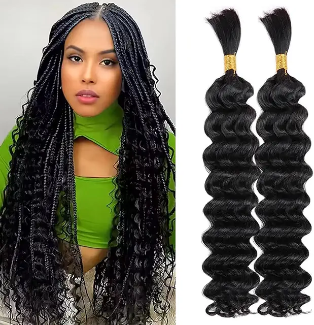 Double Drawn Human Hair Extensions for Braiding - 20 Inch Deep Wave Bulk Hair