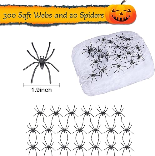 Miniatura 6 de Decoraciones de telaraña de Halloween, telarañas de 300 pies cuadrados y 20 arañas de plástico, telarañas súper elásticas para regalos de decoración