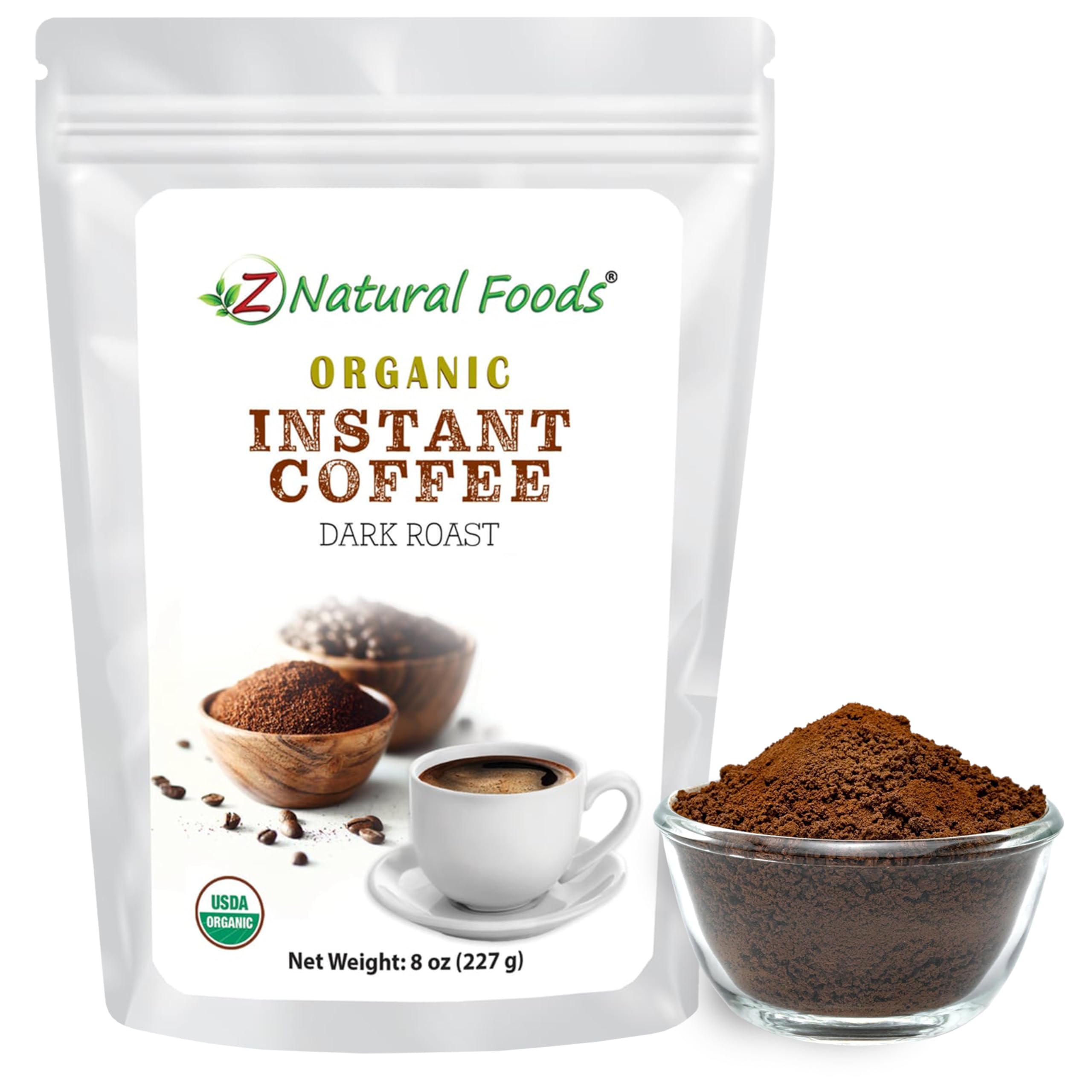 Z Natural Foods Organic Instant Coffee Powder - Rich Dark Roast Flavor, Arabica Instant Espresso Powder with Antioxidants to Boost Energy, Mood & Focus - Gourmet Coffee in Resealable Bag, 8 oz