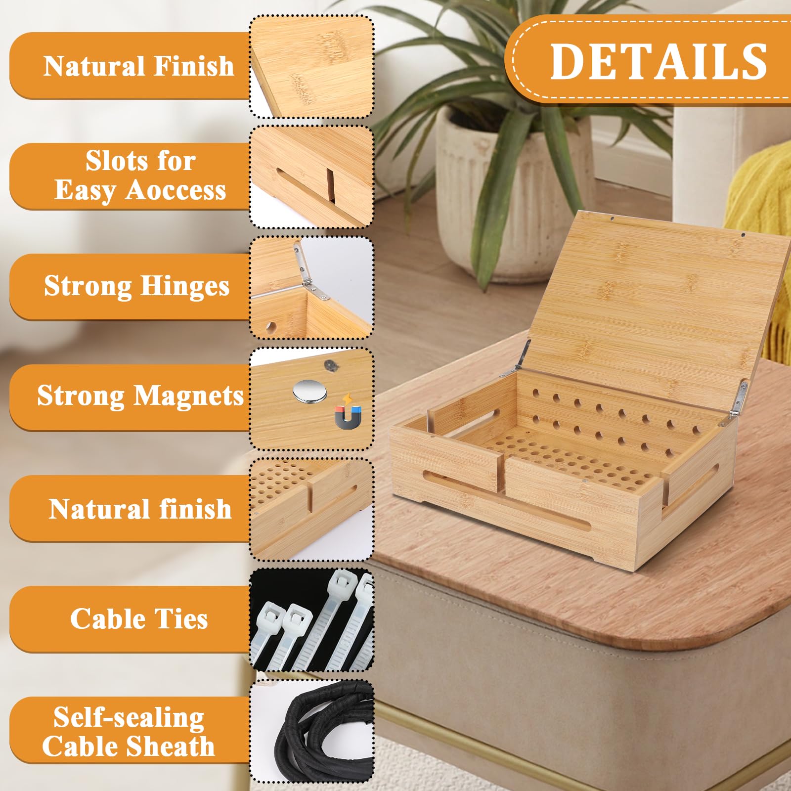 DBREAKS 2X Kabelmanagement Box, Kabelbox Holz, Kabel Organizer Box, Bambus | Wandmontierbare Kabelbox mit magnetischem Bambus-& Kabelbindern & Kabelschlauch, Kabelkasten für Schreibtisch Cable Organizer