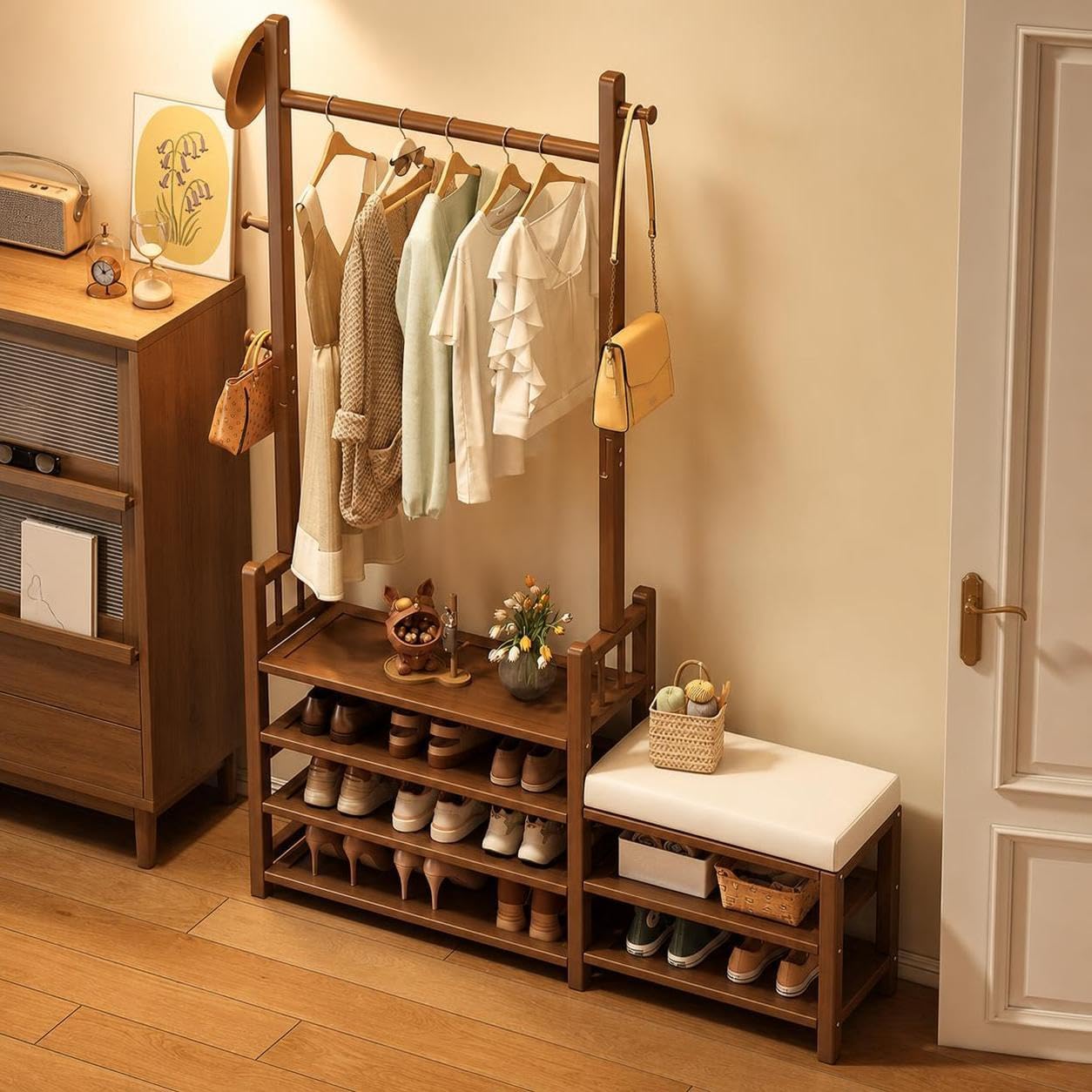 Árbol de Entrada con Perchero, Sombrero y Banco de Zapatos, Mueble de Madera Maciza, Zapatero para casa o vestidor