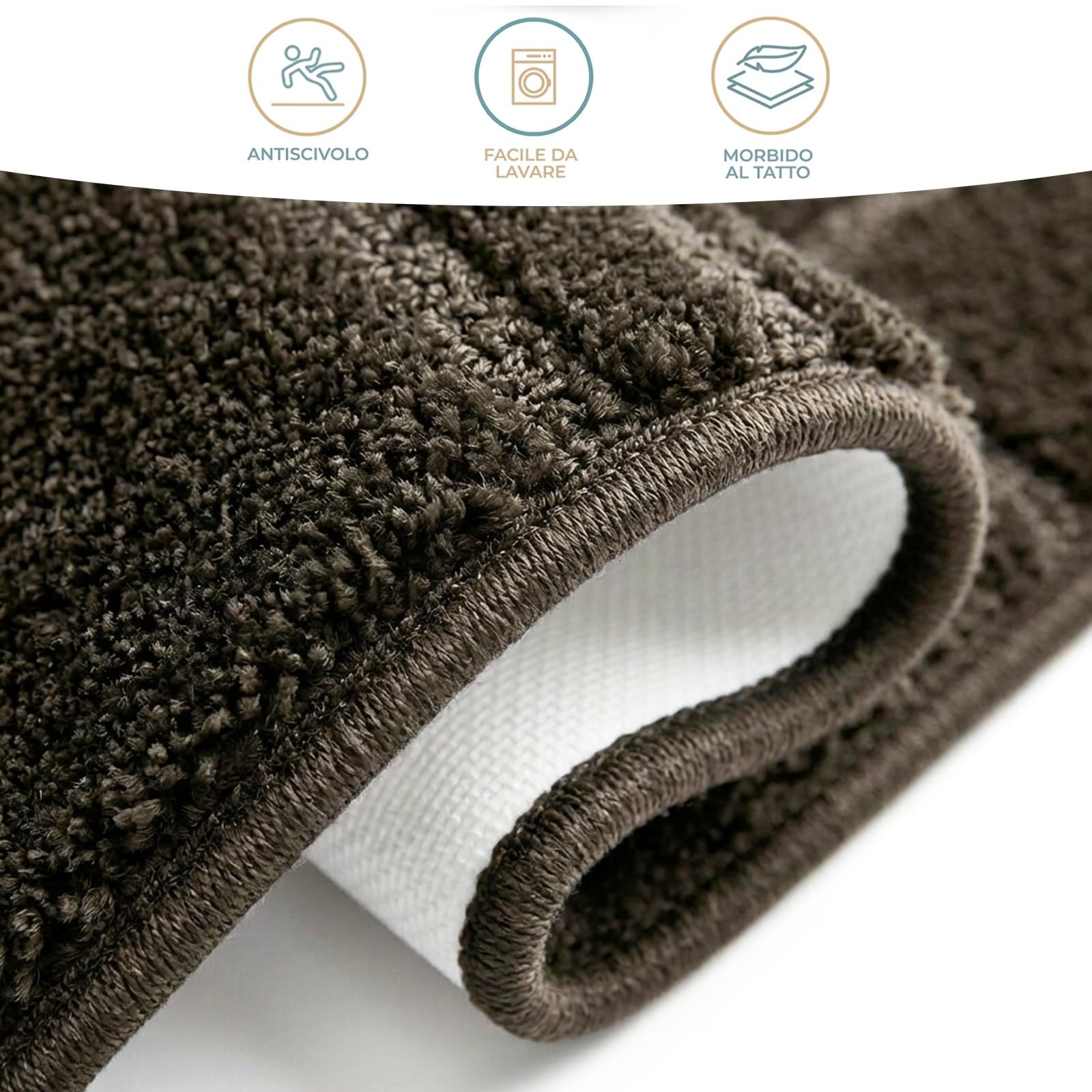 PARAMAISON Set Tappeti Bagno 3 Pezzi Antiscivolo in Polipropilene, 2 Tappeti WC 37,5x45 + 1 Tappetino 45x75 cm, Morbidi e Resistenti, Facili da Pulire, Made in Italy | Marrone