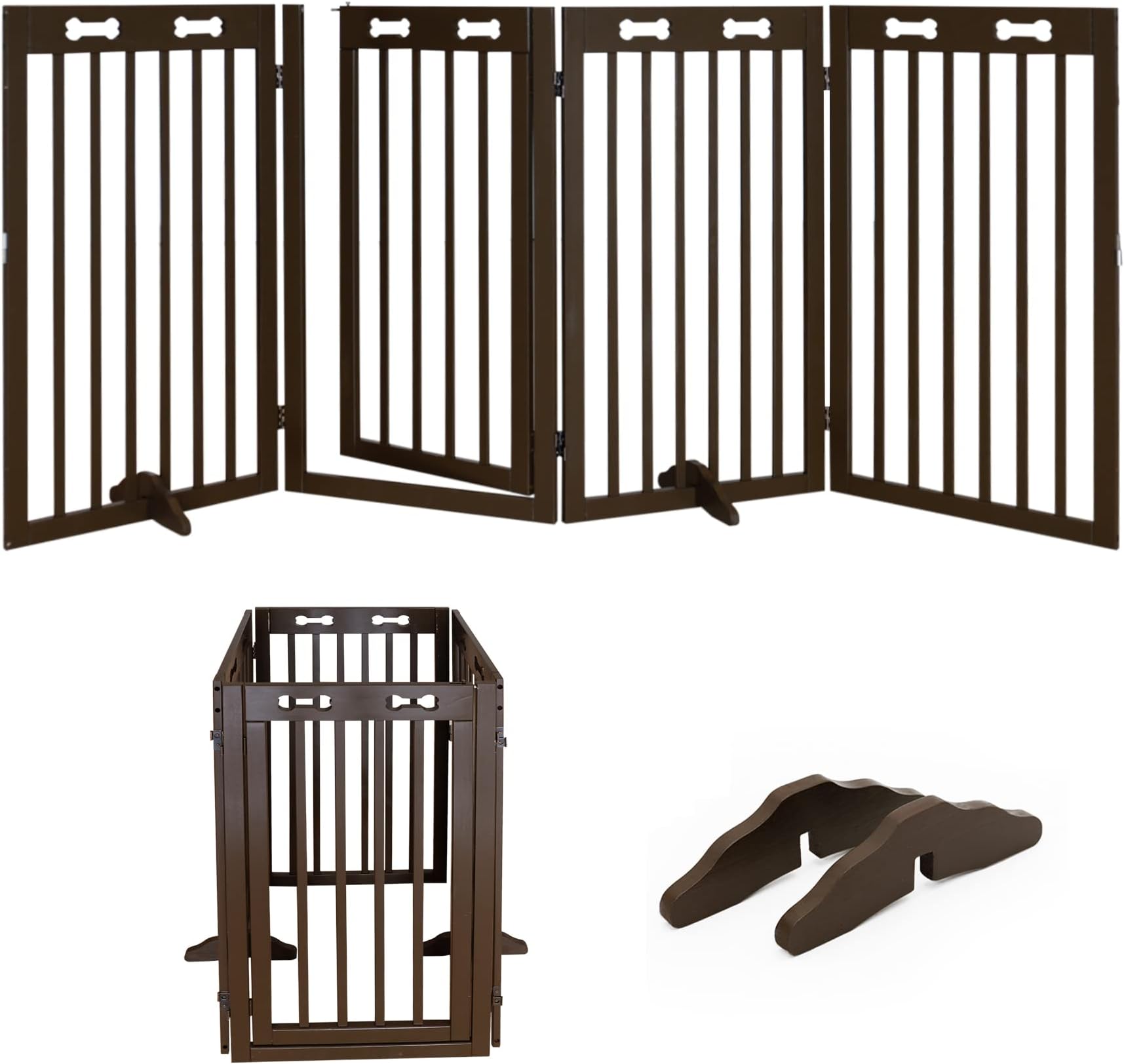 KOOPRO Freestanding Dog Gate Wooden Pet Gate for The House Doorways Stairs, Indoor Outdoor Foldable Pet Fence with 2Pcs Support Feet Safety Gates Extra Wide Dog Barrier, Expands Up to 80" Wide, 35" H