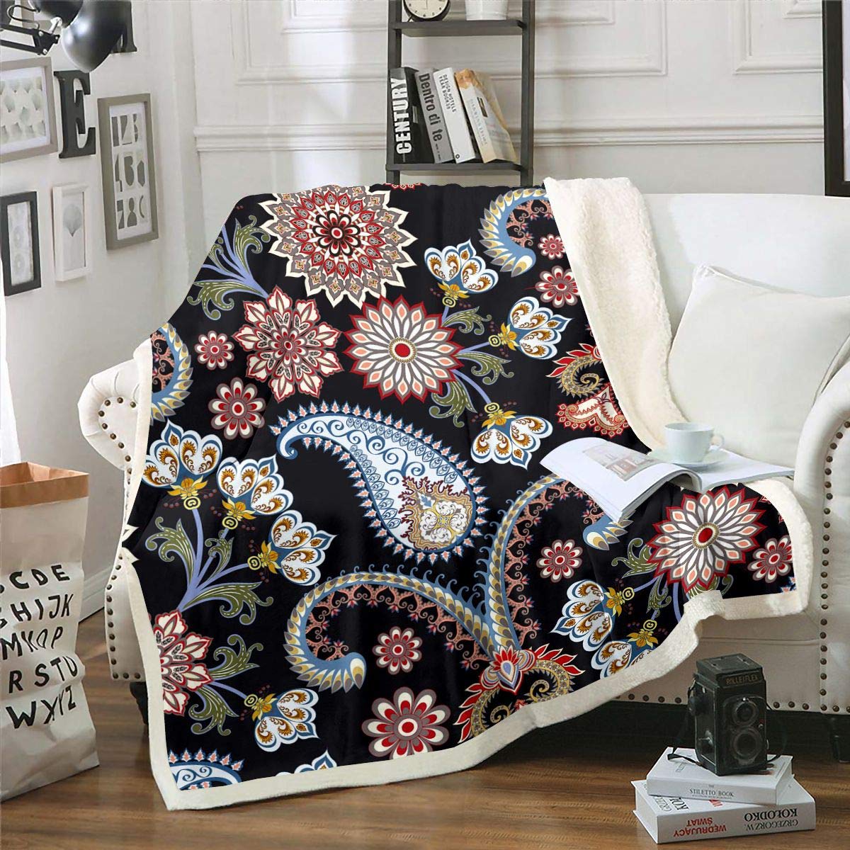 Homemissing Paisley Fleece Throw Blanket for Sofa Bed Bohemian Exotic Style Plush Blanketative Hippie Mandala Sherpa Blanketative Exotic Floral Double 60x79 Inch