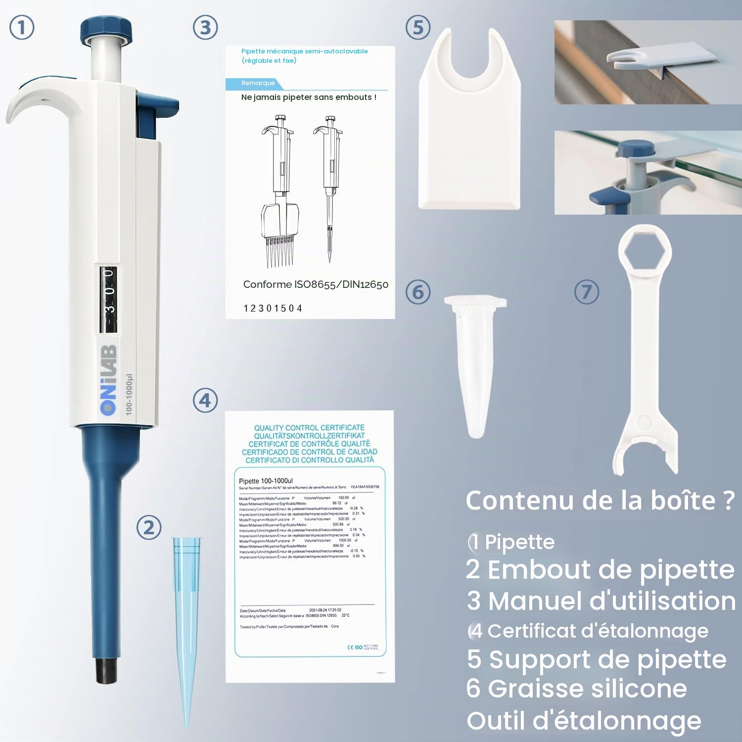 ONiLAB Micropipette de laboratoire, volume réglable, pipettes à canal unique, 10-100 uls