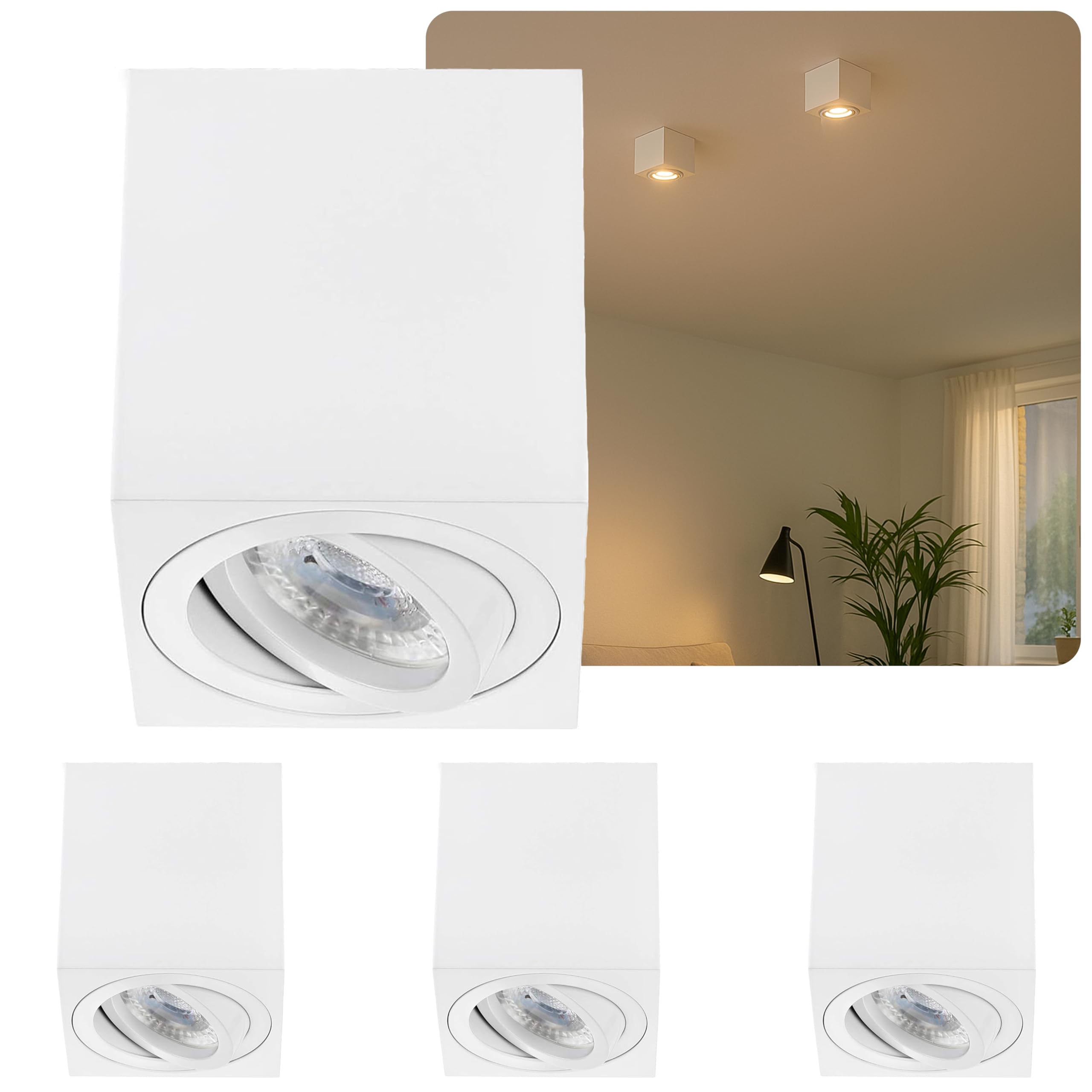 Sweet Led Aufbaustrahler aus Aluminium - 4x Deckenspots 7W 3000K warmweiß - LED Aufbauspot weiß matt Eckig - Aufbauspot GU10 80x80x84 mm - Aufputz 230V schwenkbar