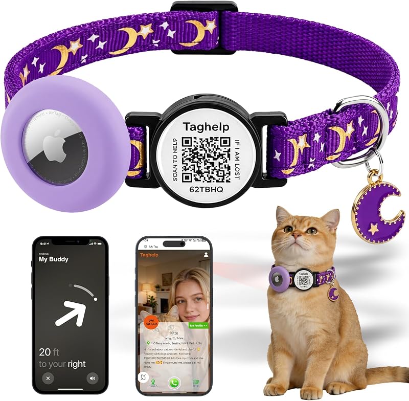 Coleira para Gatos Taghelp com Suporte para AirTag, Nylon e Fecho Breakaway, Roxa